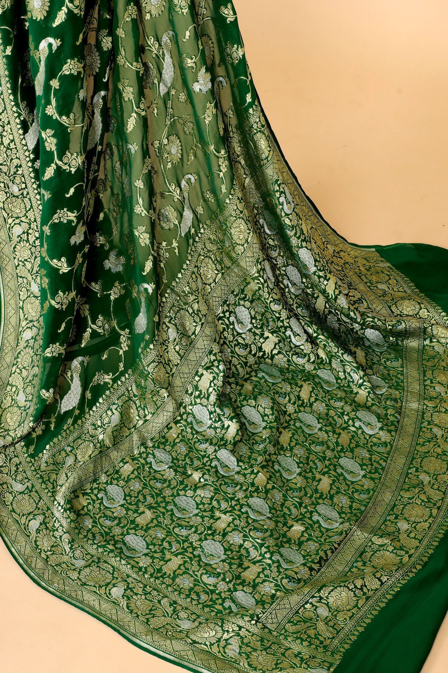 Green Georgette Khaddi Saree with Antique Zari And Shikarghah Border