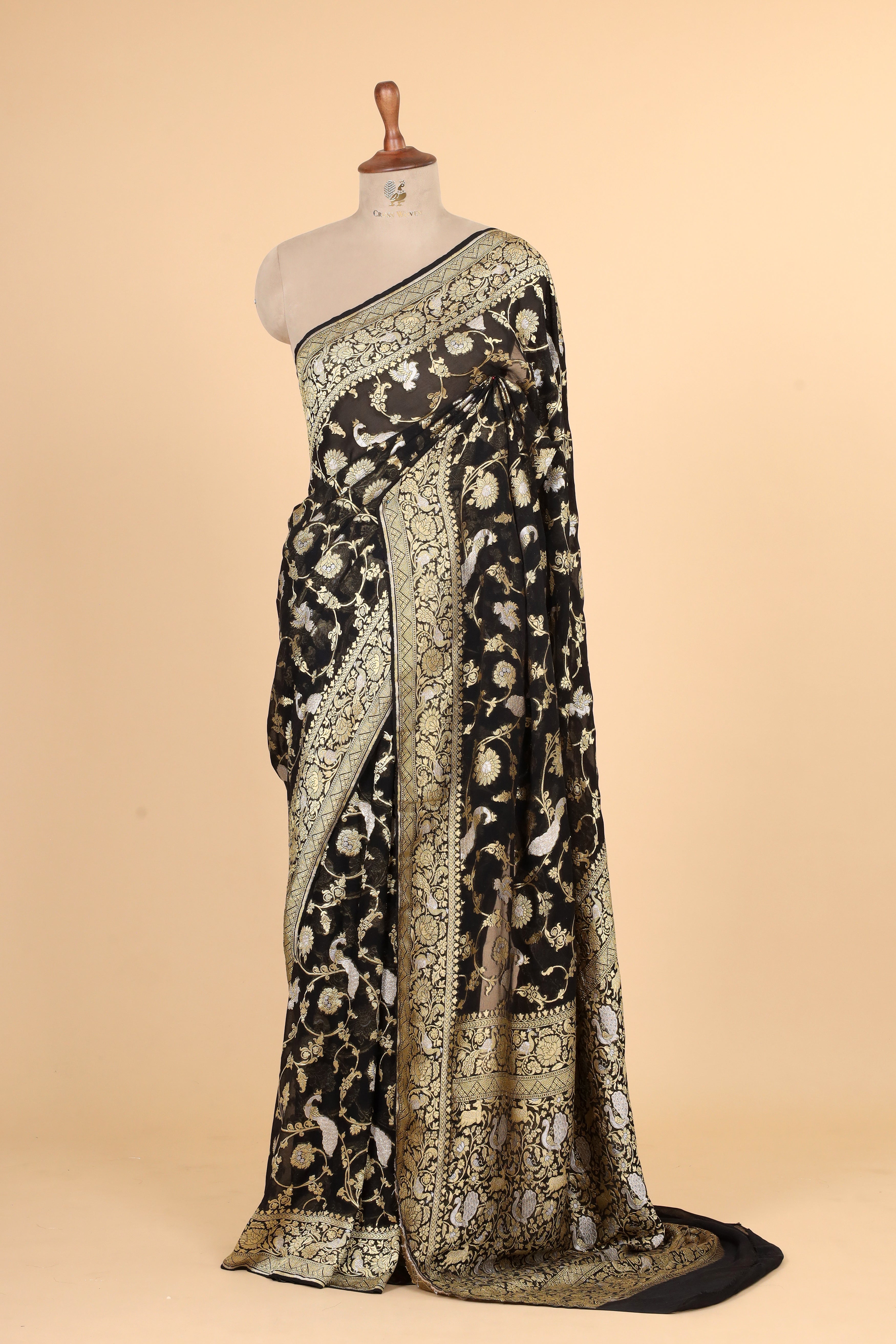 Black Georgette Khaddi Saree with Antique Zari And Shikarghah Border