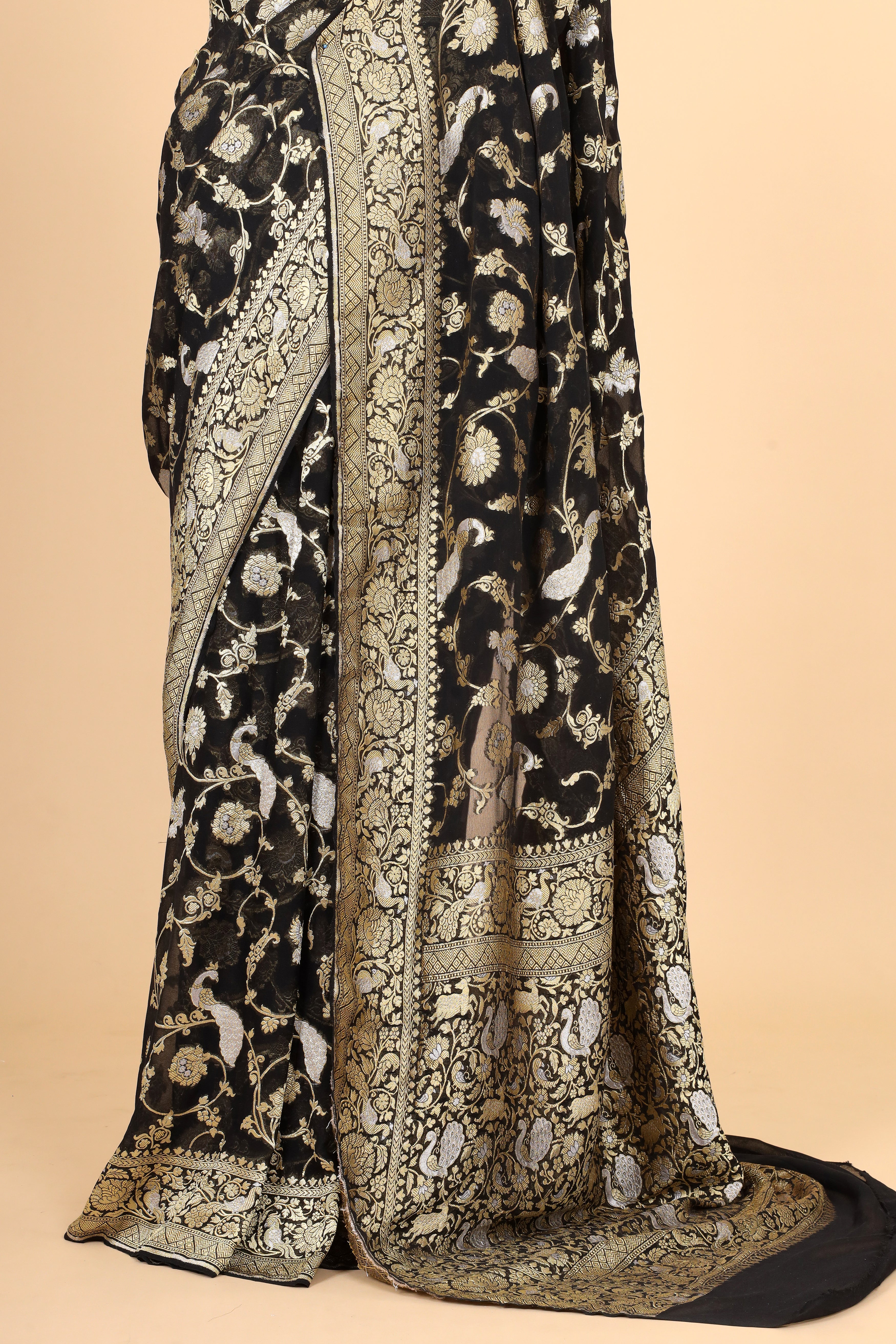 Black Georgette Khaddi Saree with Antique Zari And Shikarghah Border