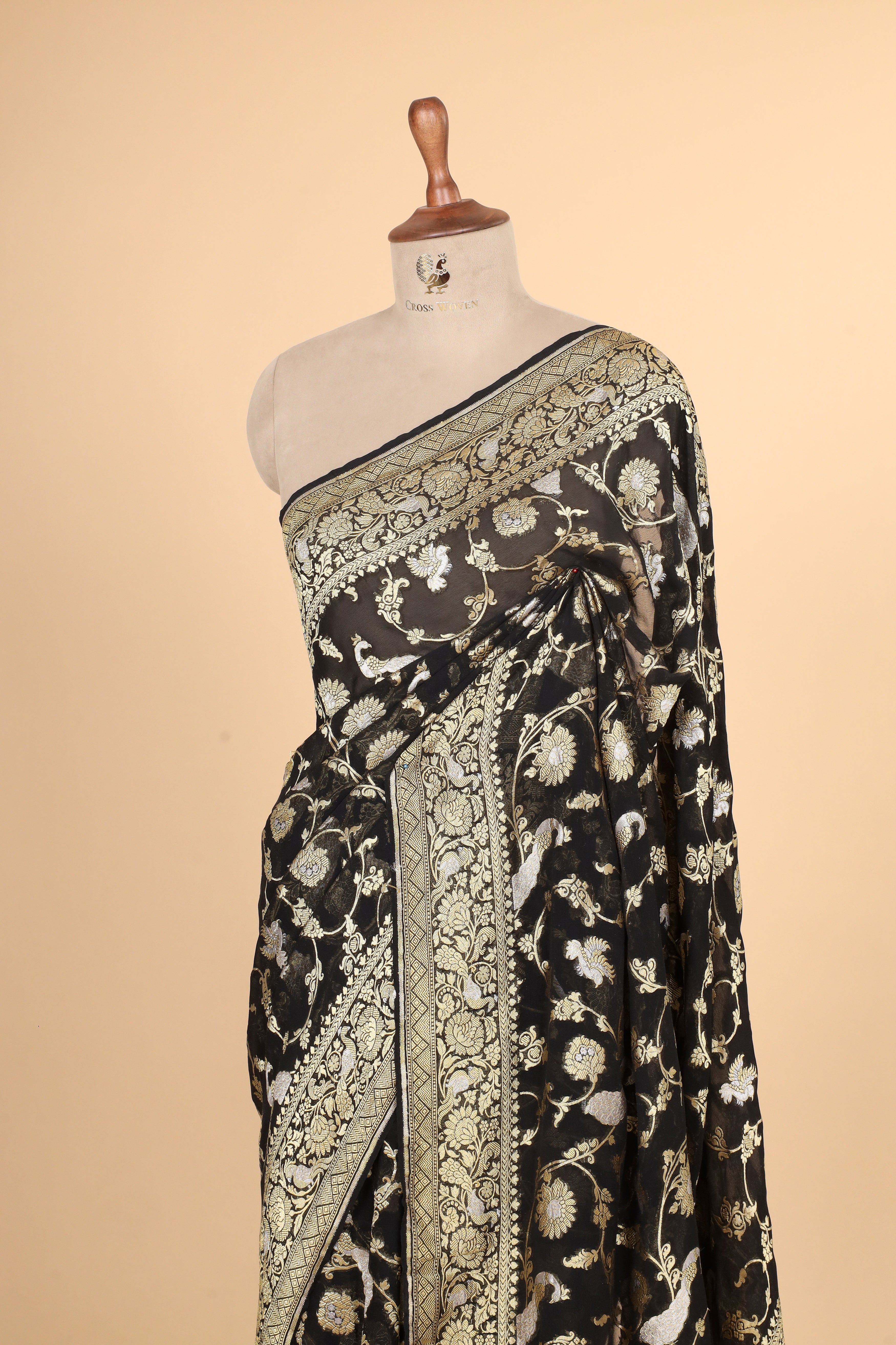 Black Georgette Khaddi Saree with Antique Zari And Shikarghah Border