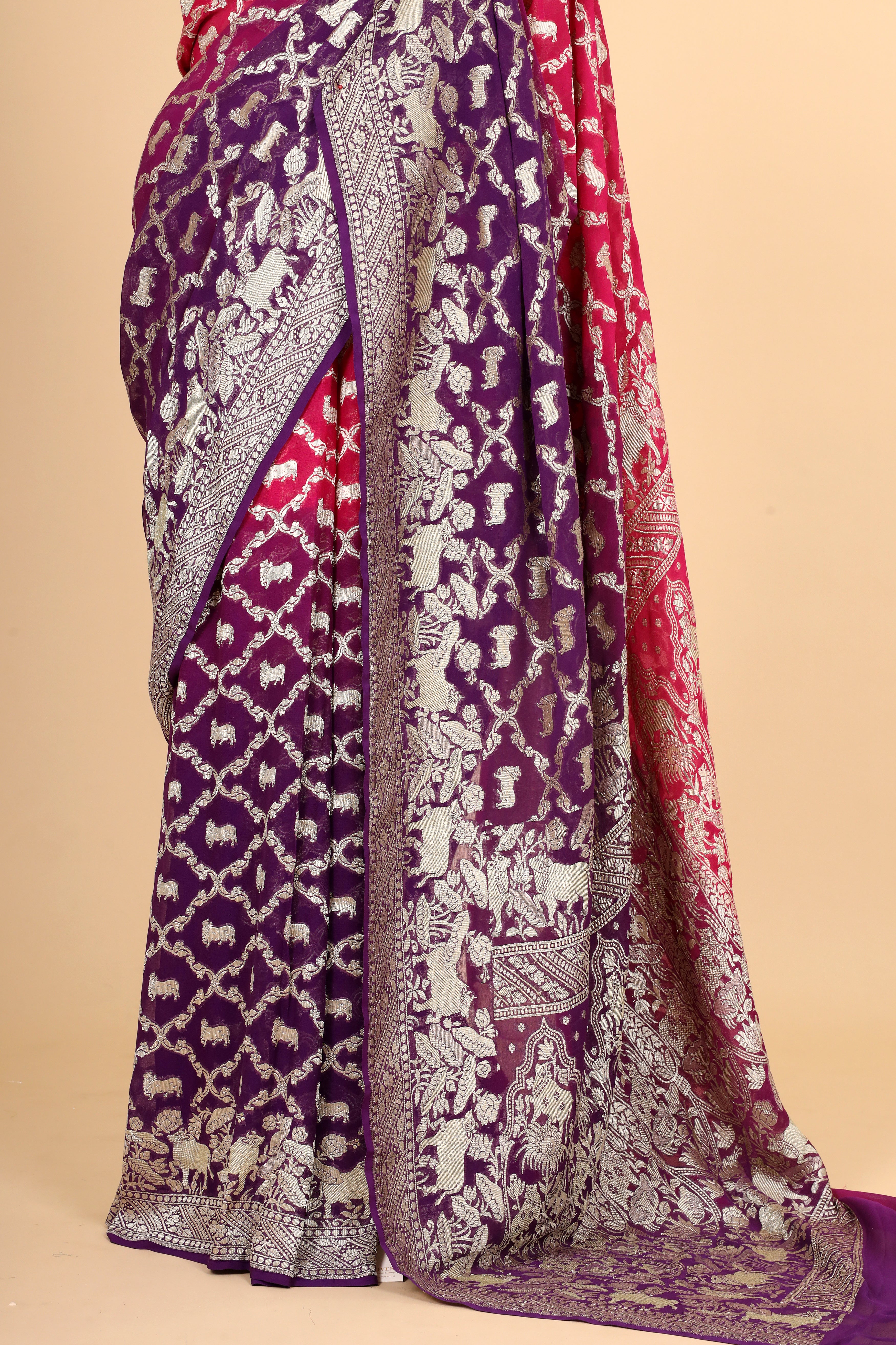 Shaded Georgette Khaddi Saree with Antique Zari And Shikargah Border