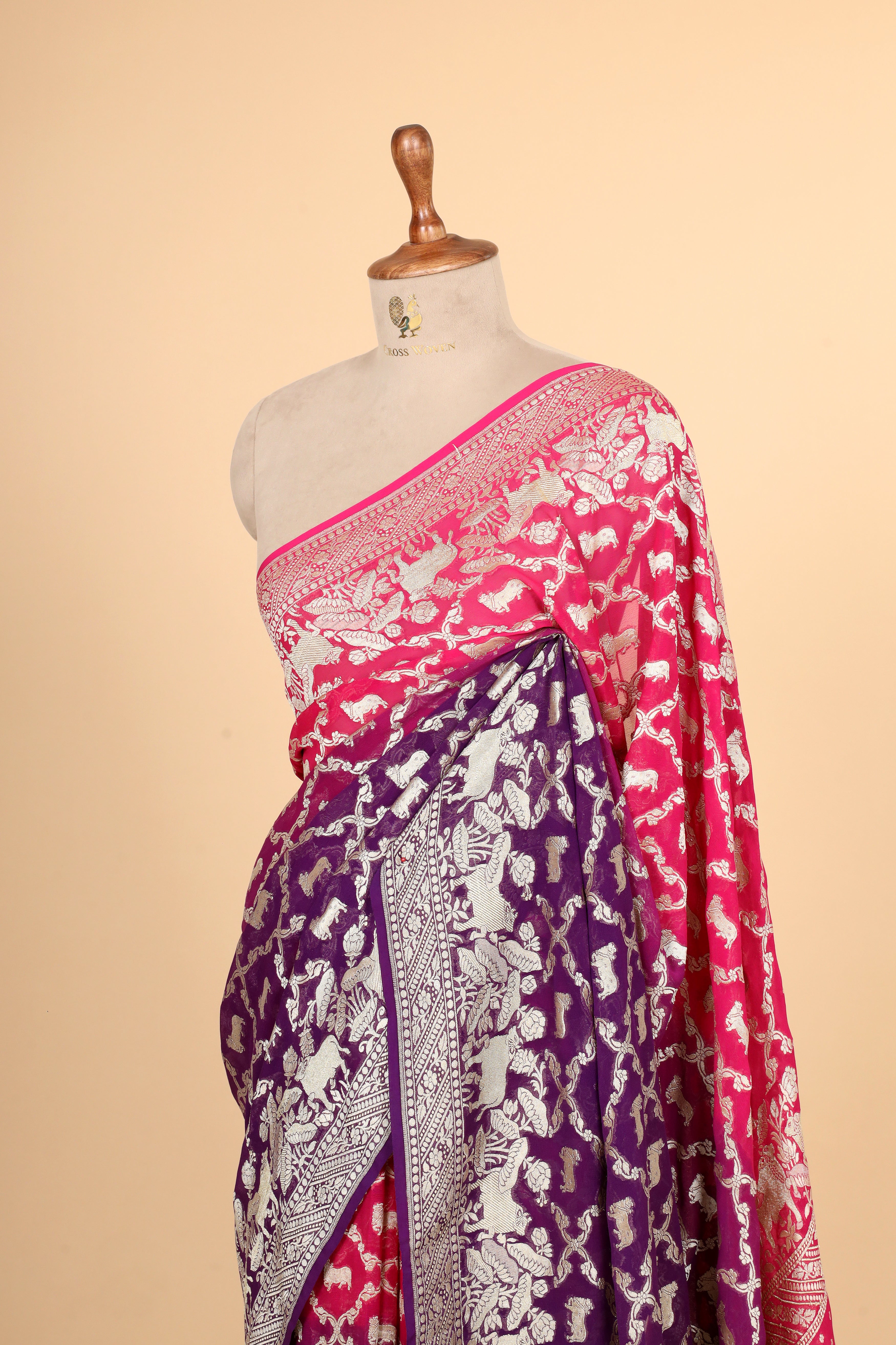Shaded Georgette Khaddi Saree with Antique Zari And Shikargah Border