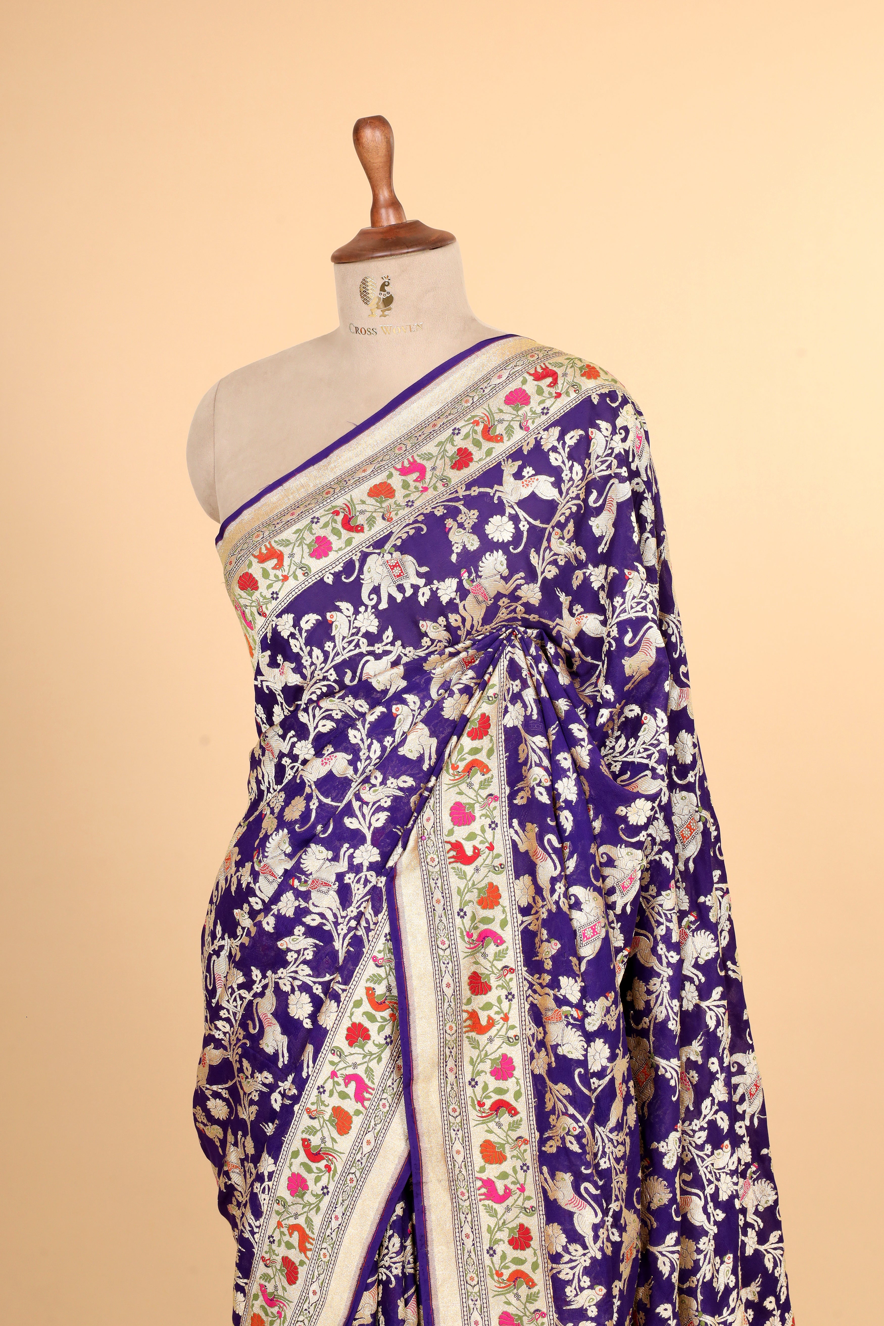 Purple Meenakari Georgette Khaddi Saree with Antique Zari And Shikarghah Border
