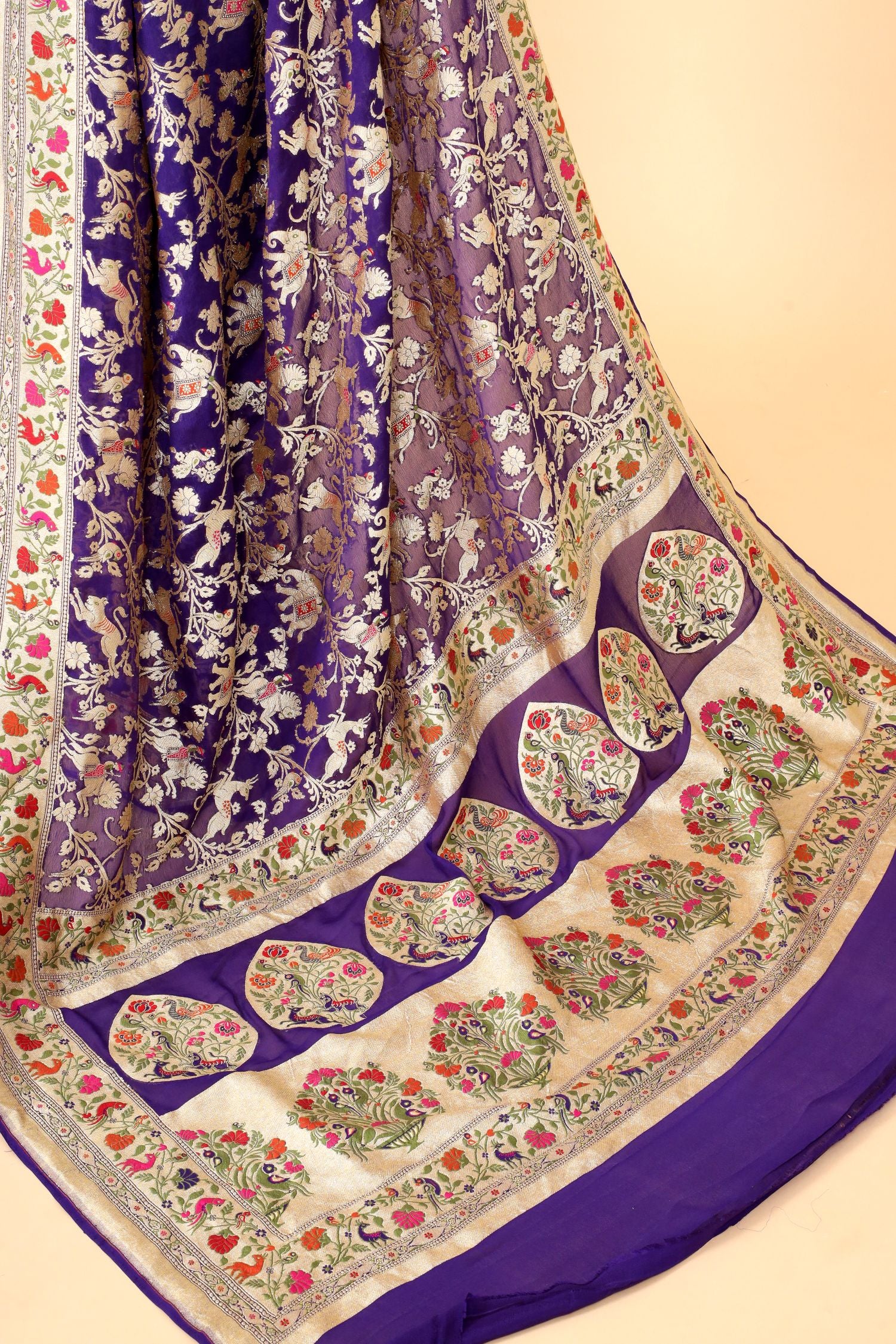 Purple Meenakari Georgette Khaddi Saree with Antique Zari And Shikarghah Border