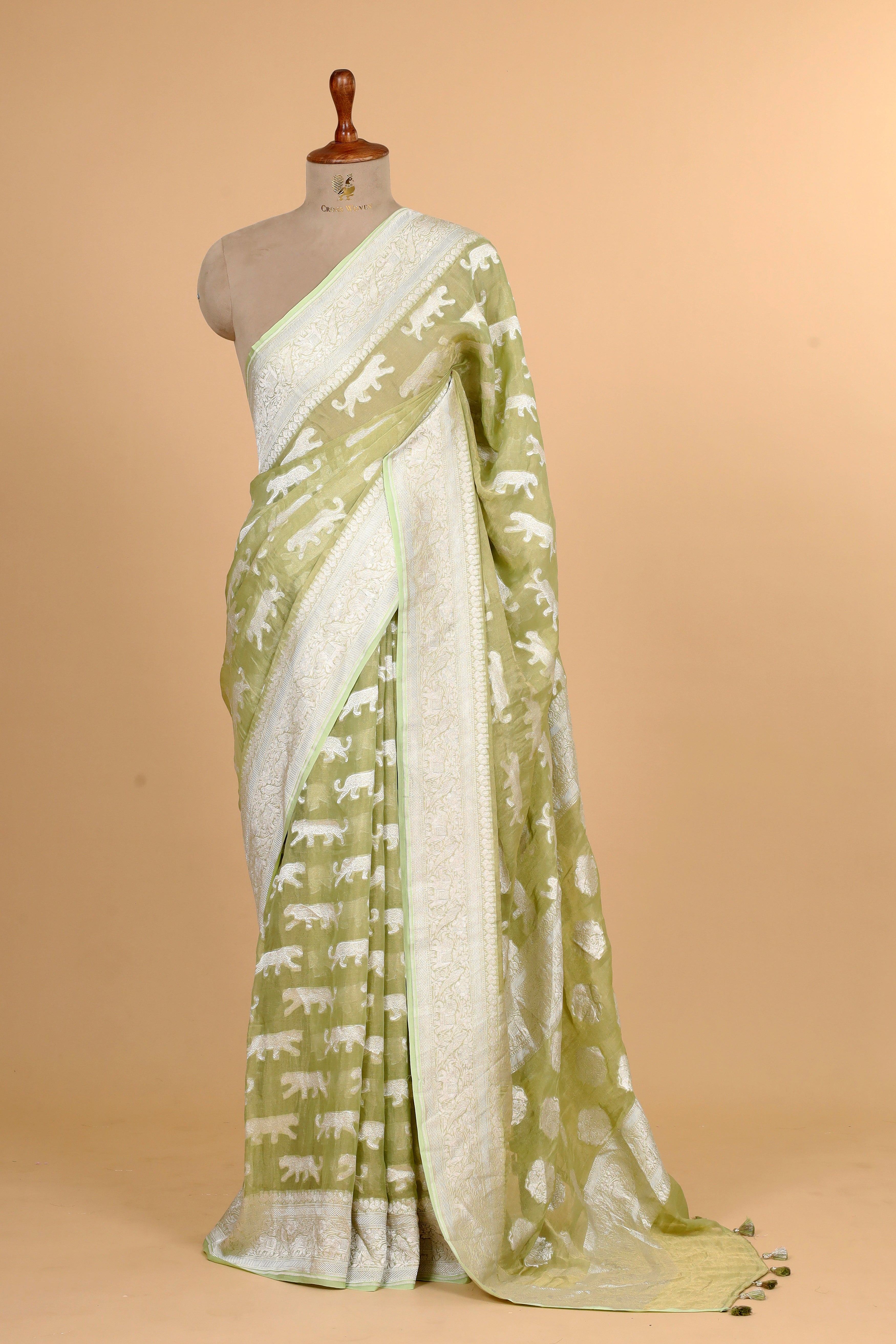 Pista Green Tissue Georgette Saree with Shikarghah Border