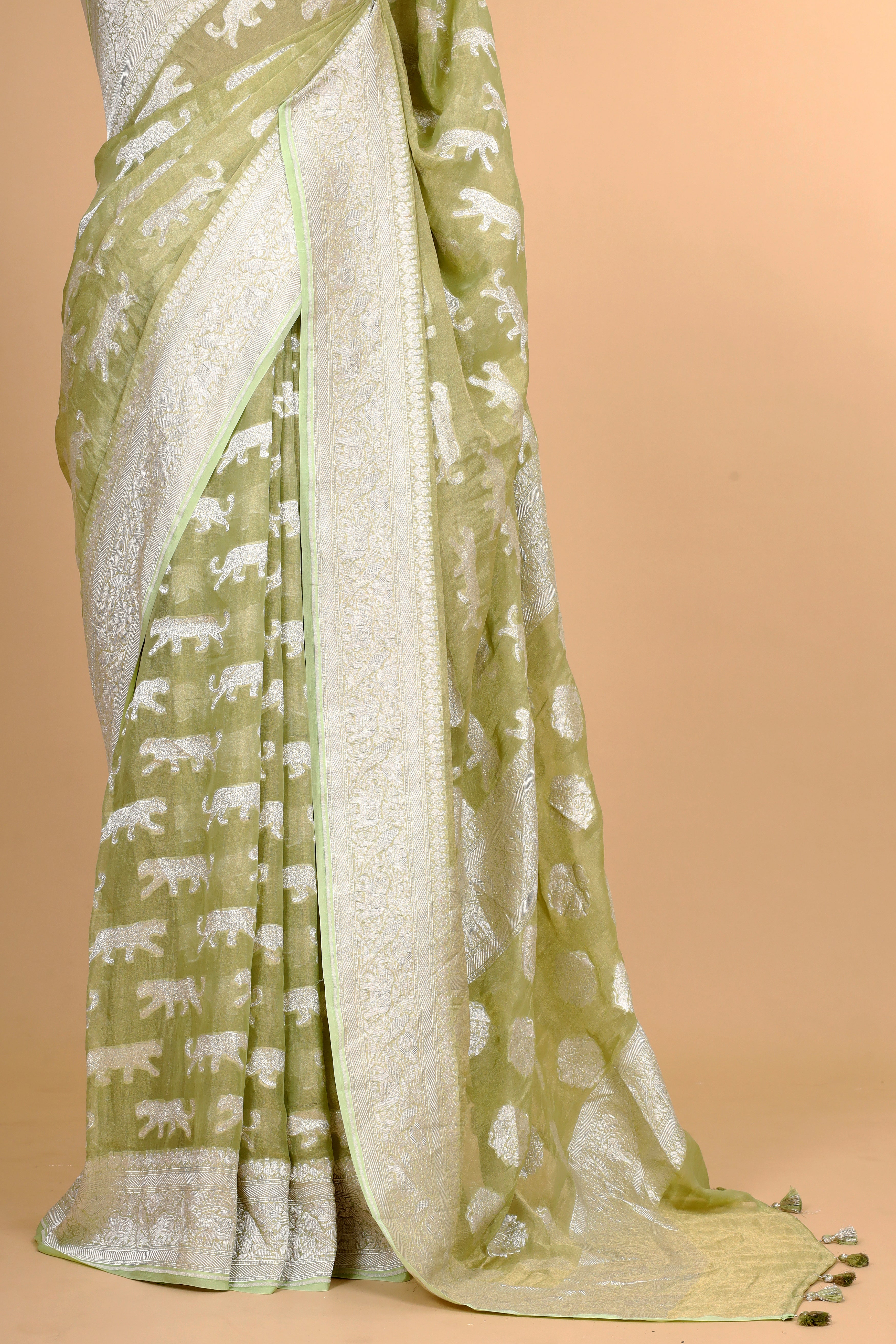 Pista Green Tissue Georgette Saree with Shikarghah Border
