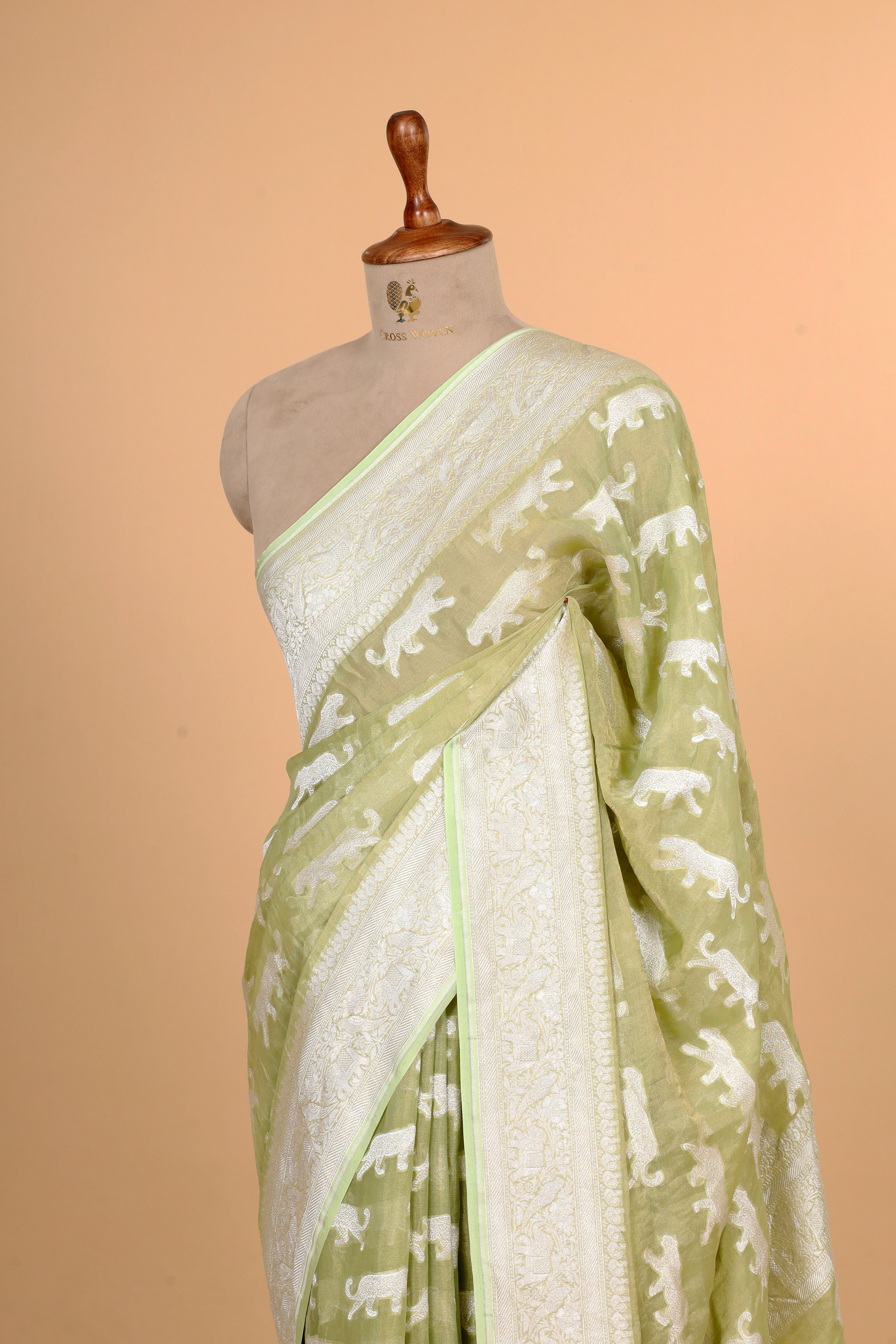 Pista Green Tissue Georgette Saree with Shikarghah Border