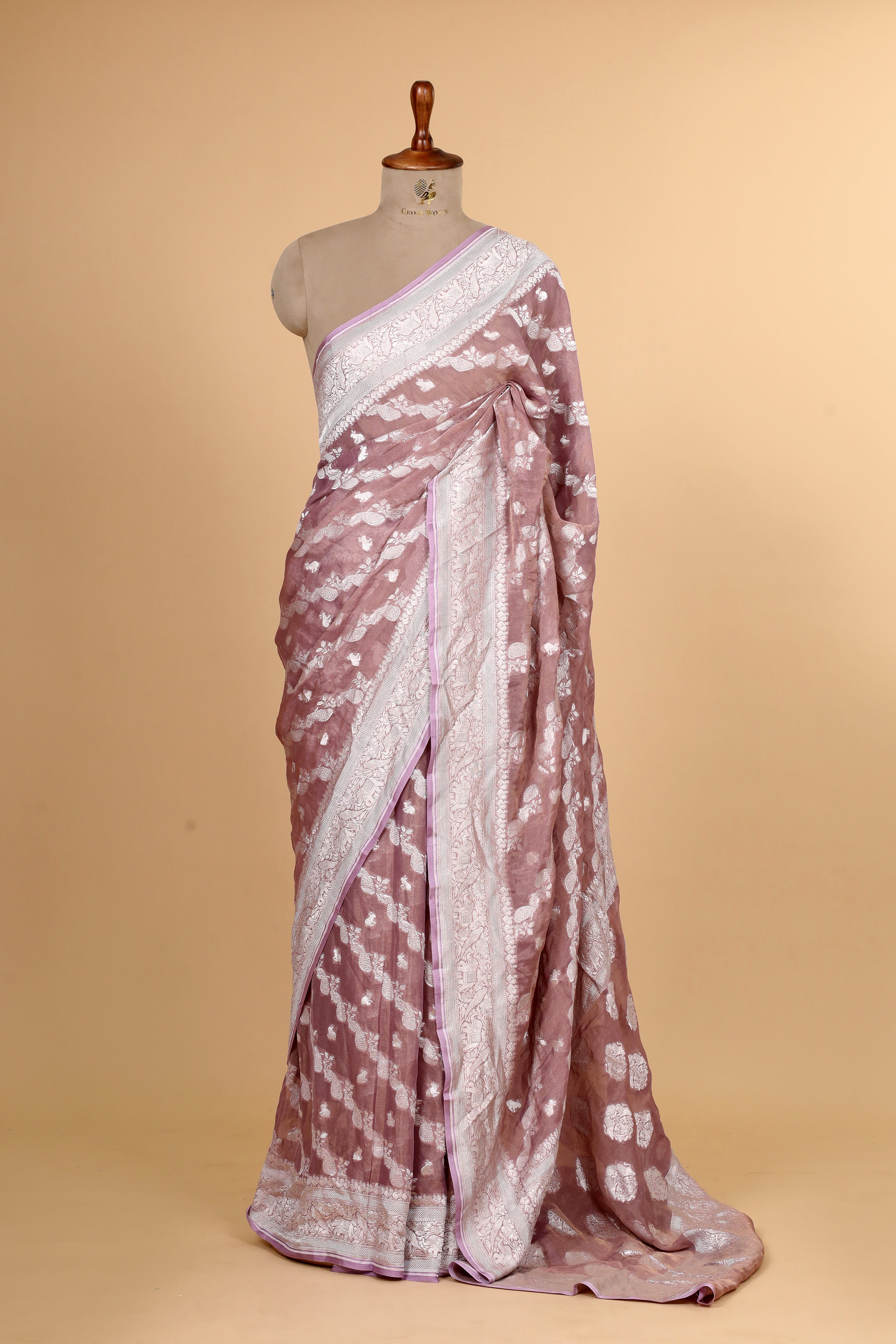 Dusty Pink Tissue Georgette Saree with Shikarghah Border