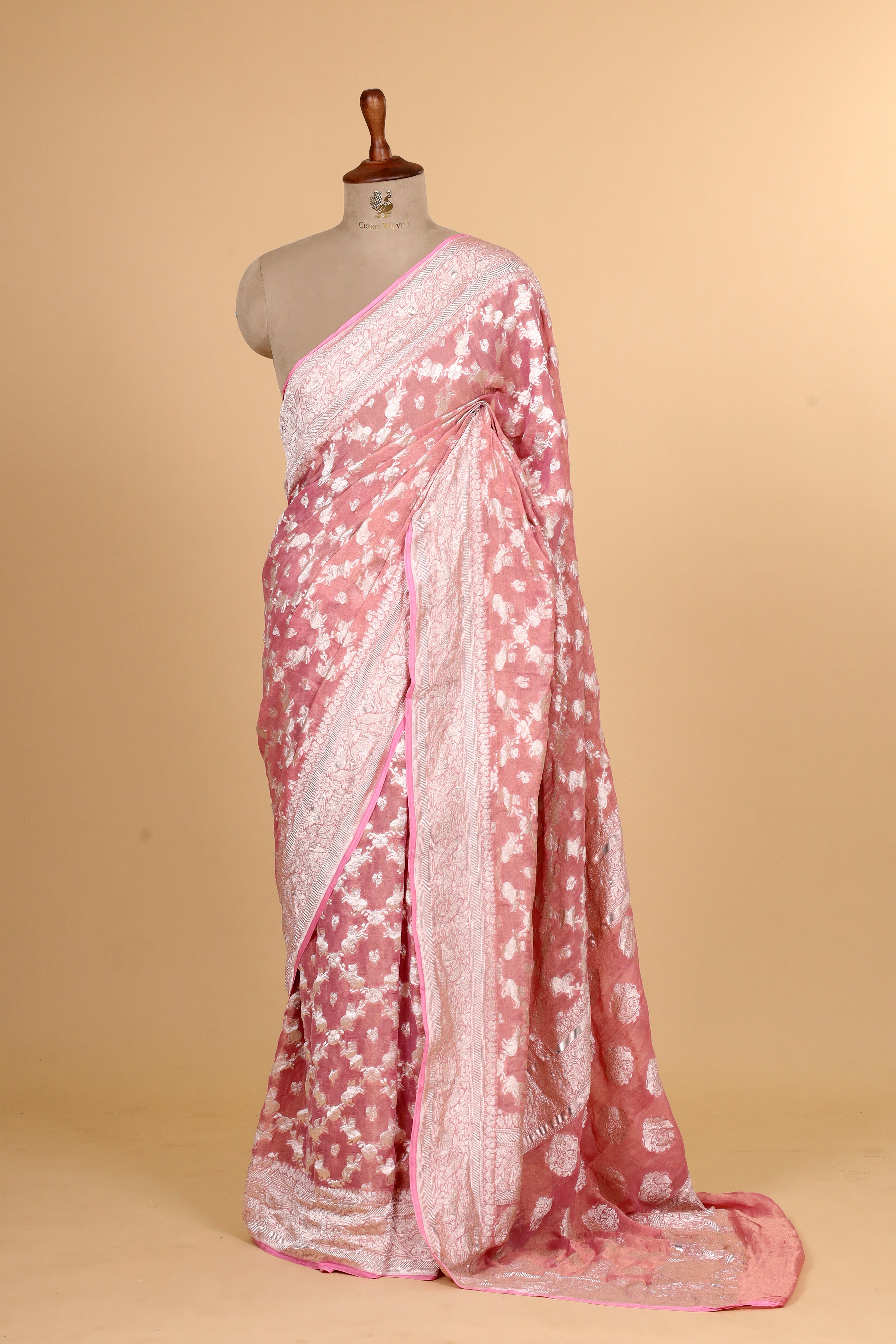 Rose Pink Tissue Georgette Saree with Shikarghah Border