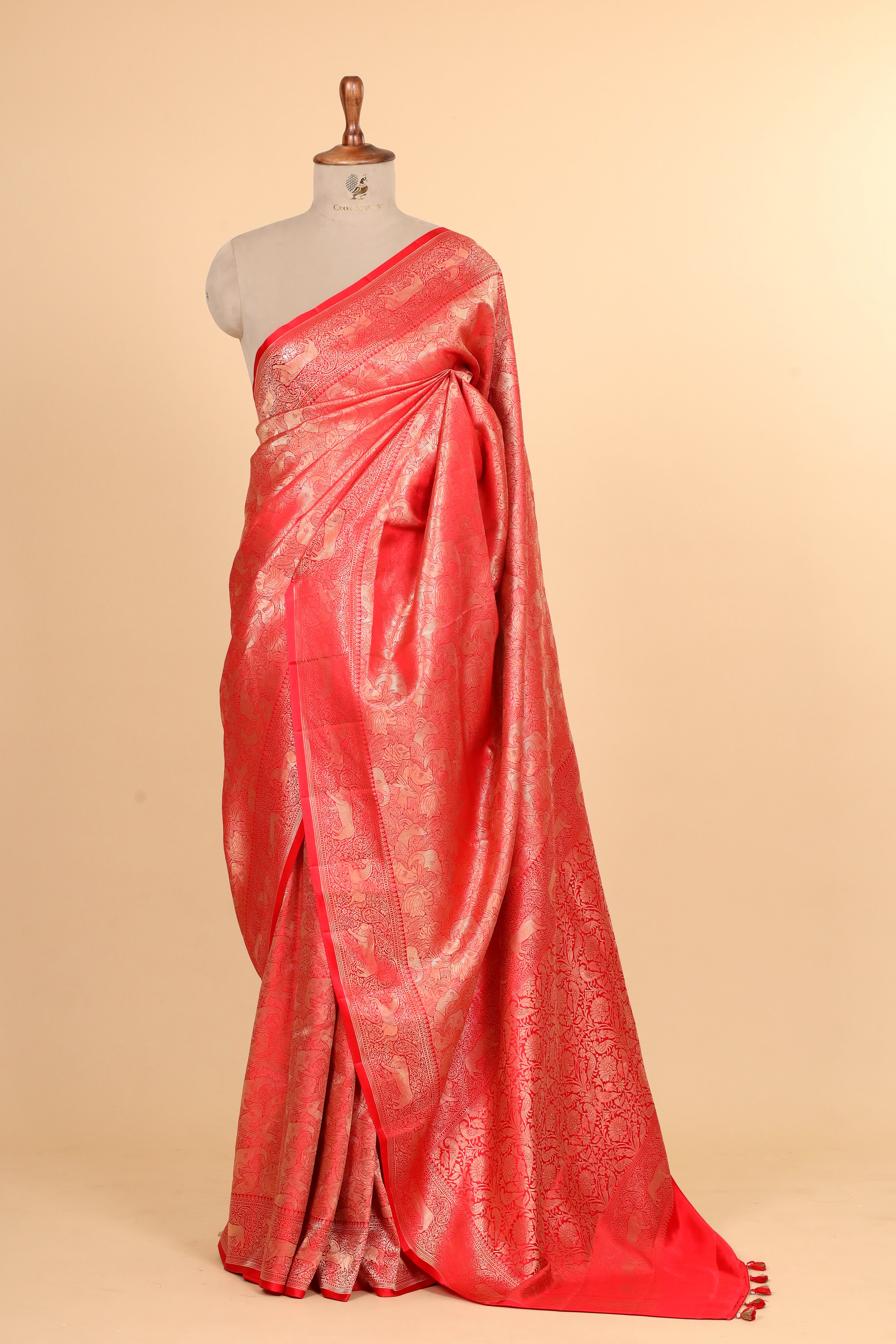 Red Mashru Silk Saree With Brocade Allover Jaal