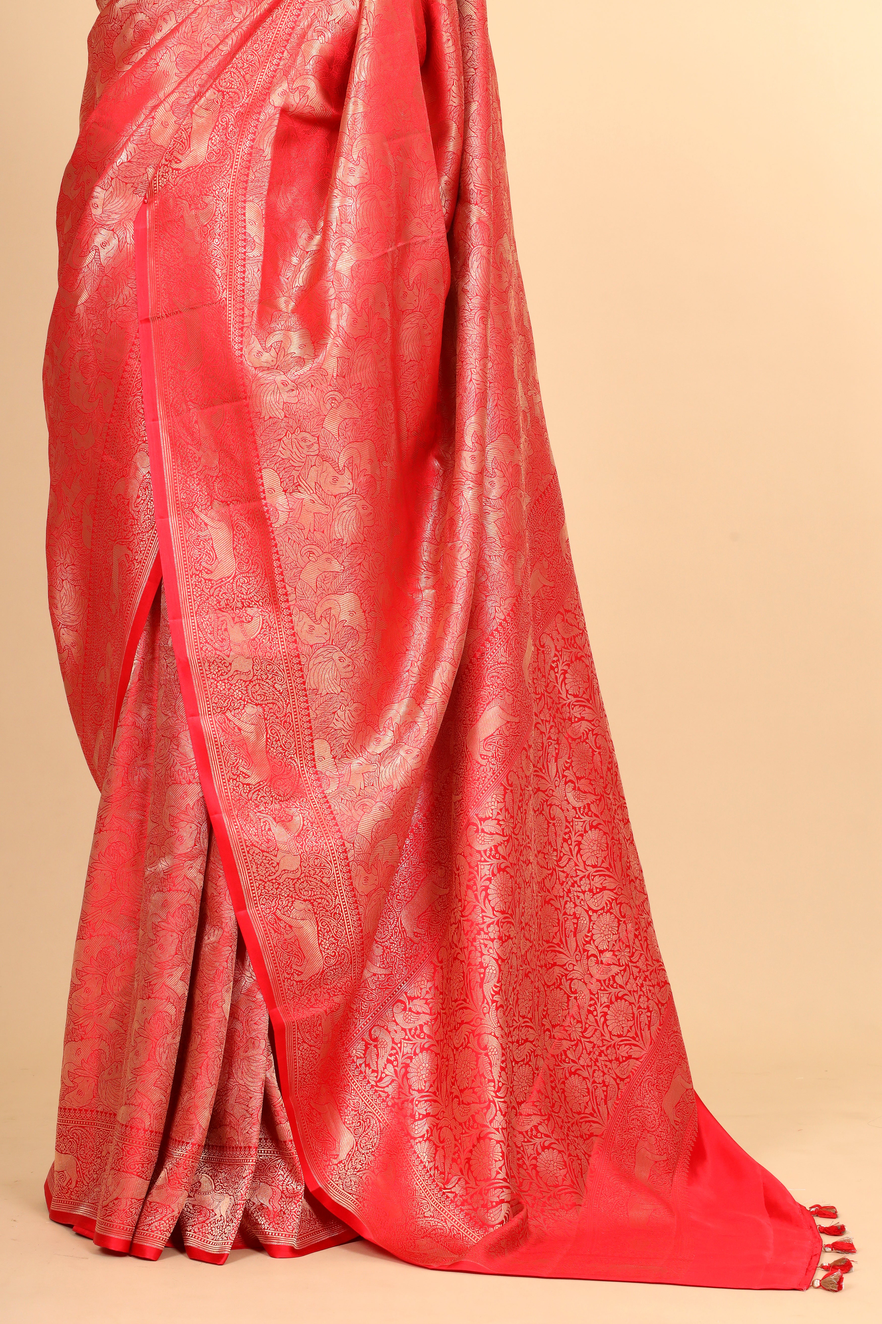 Red Mashru Silk Saree With Brocade Allover Jaal