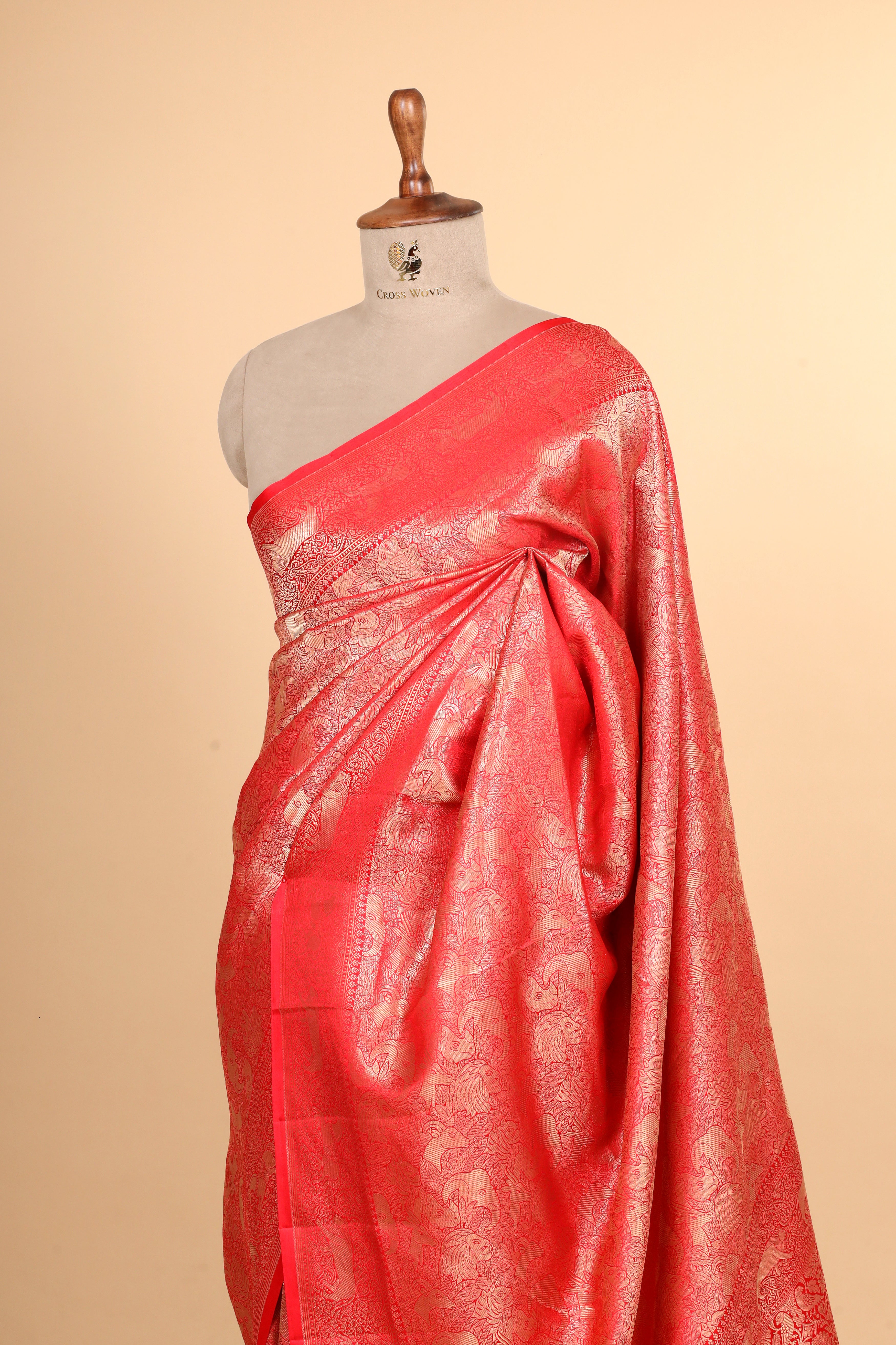 Red Mashru Silk Saree With Brocade Allover Jaal
