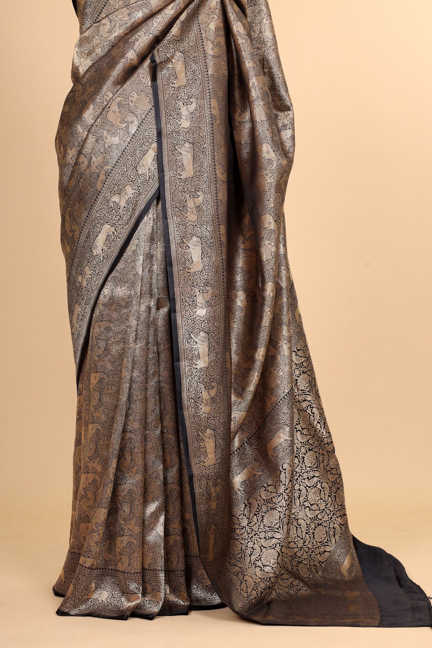 Black Mashru Silk Saree With Brocade Allover Jaal
