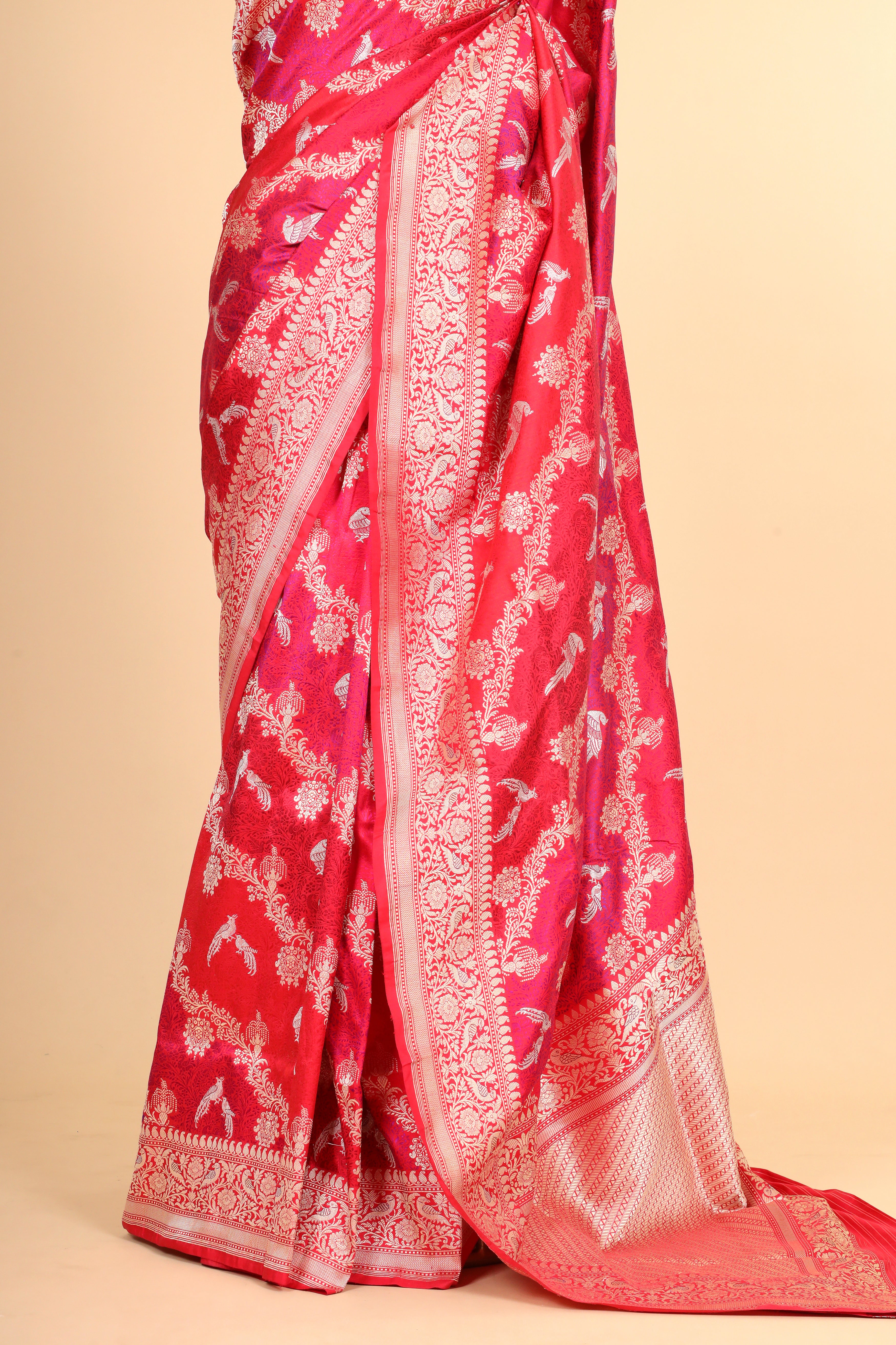 Red Shikarghah Handwoven Pure Banarasi Katan Silk Saree