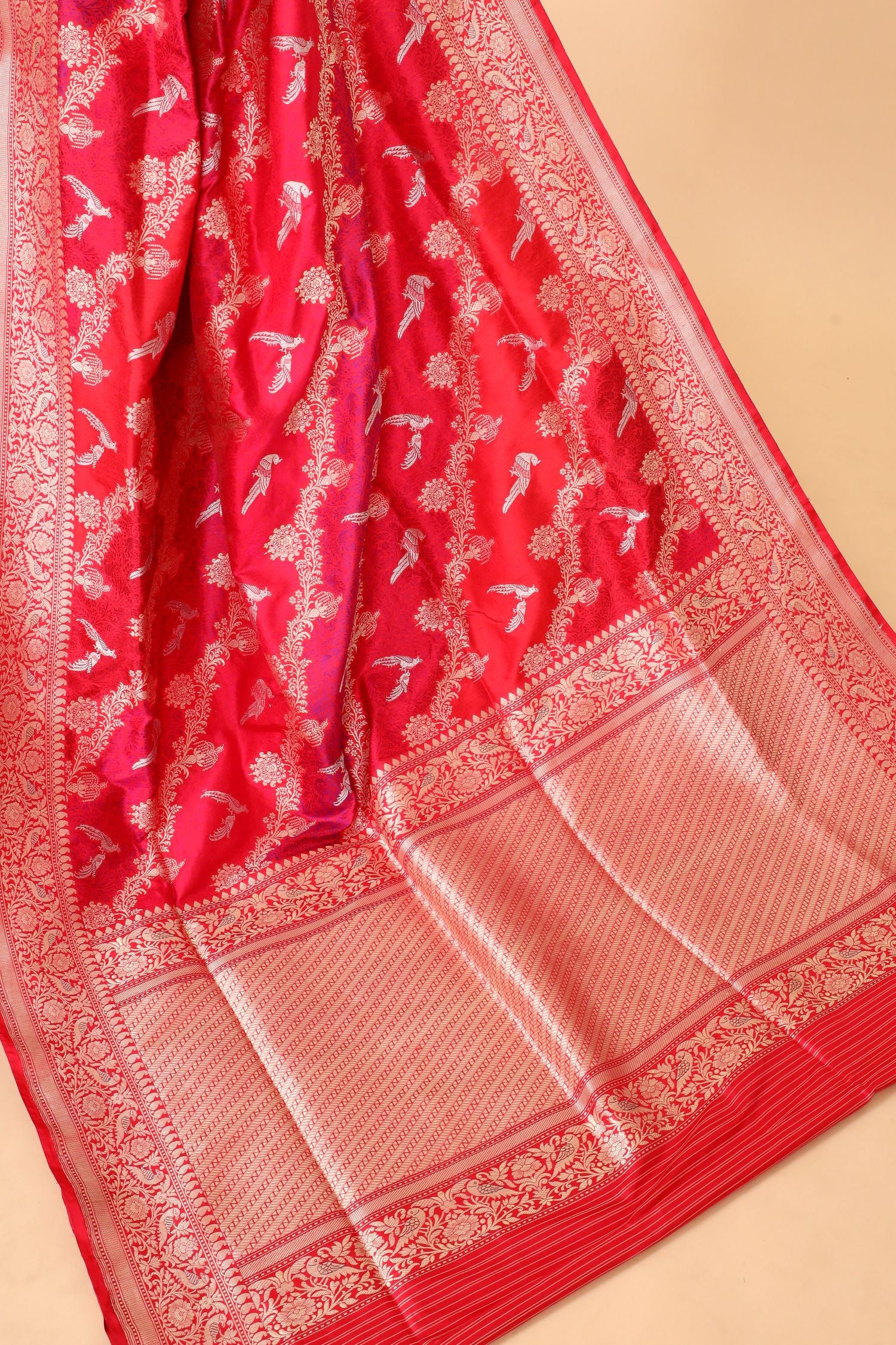 Red Shikarghah Handwoven Pure Banarasi Katan Silk Saree