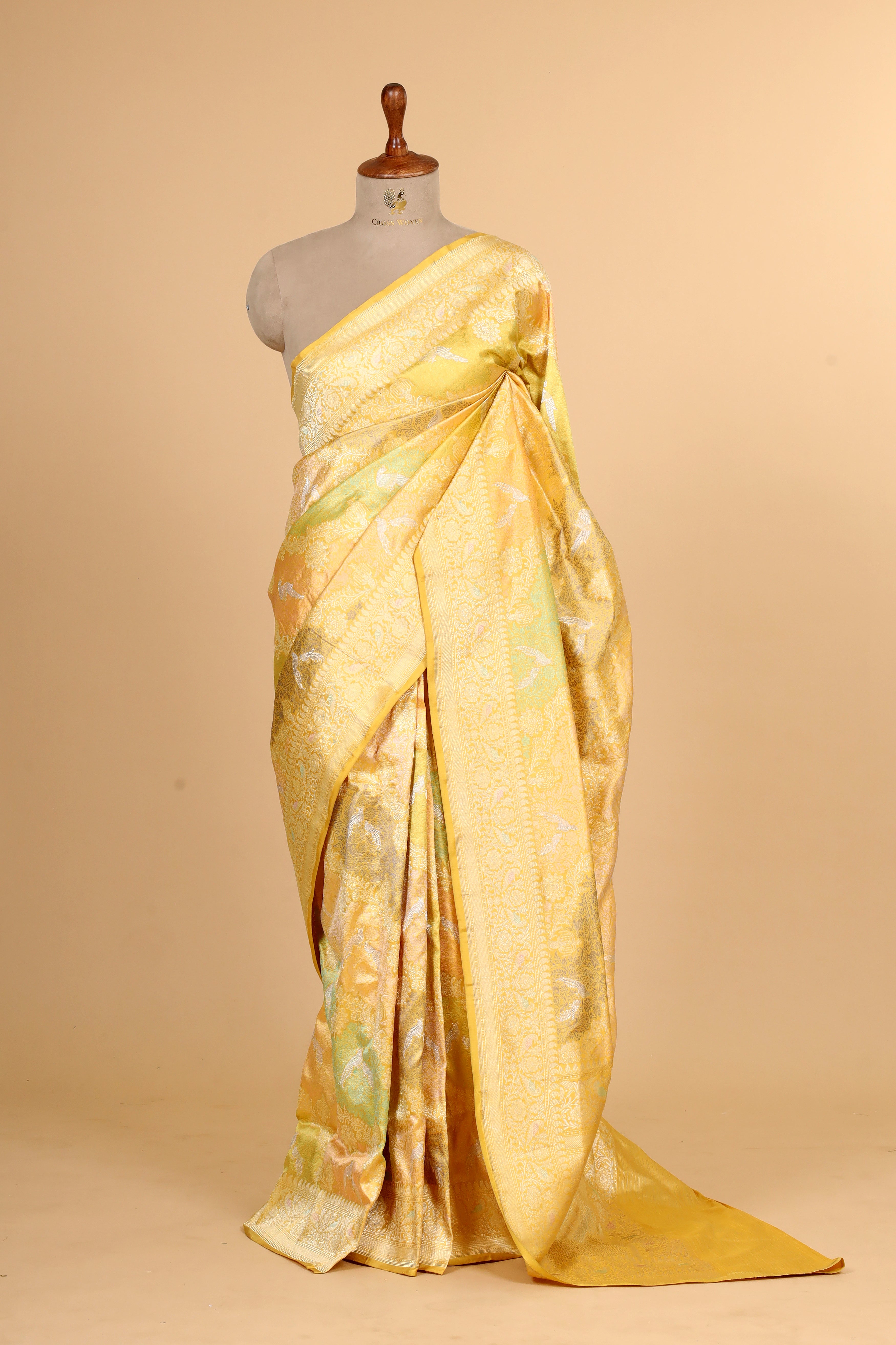 Yellow Shikarghah Handwoven Pure Banarasi Katan Silk Saree