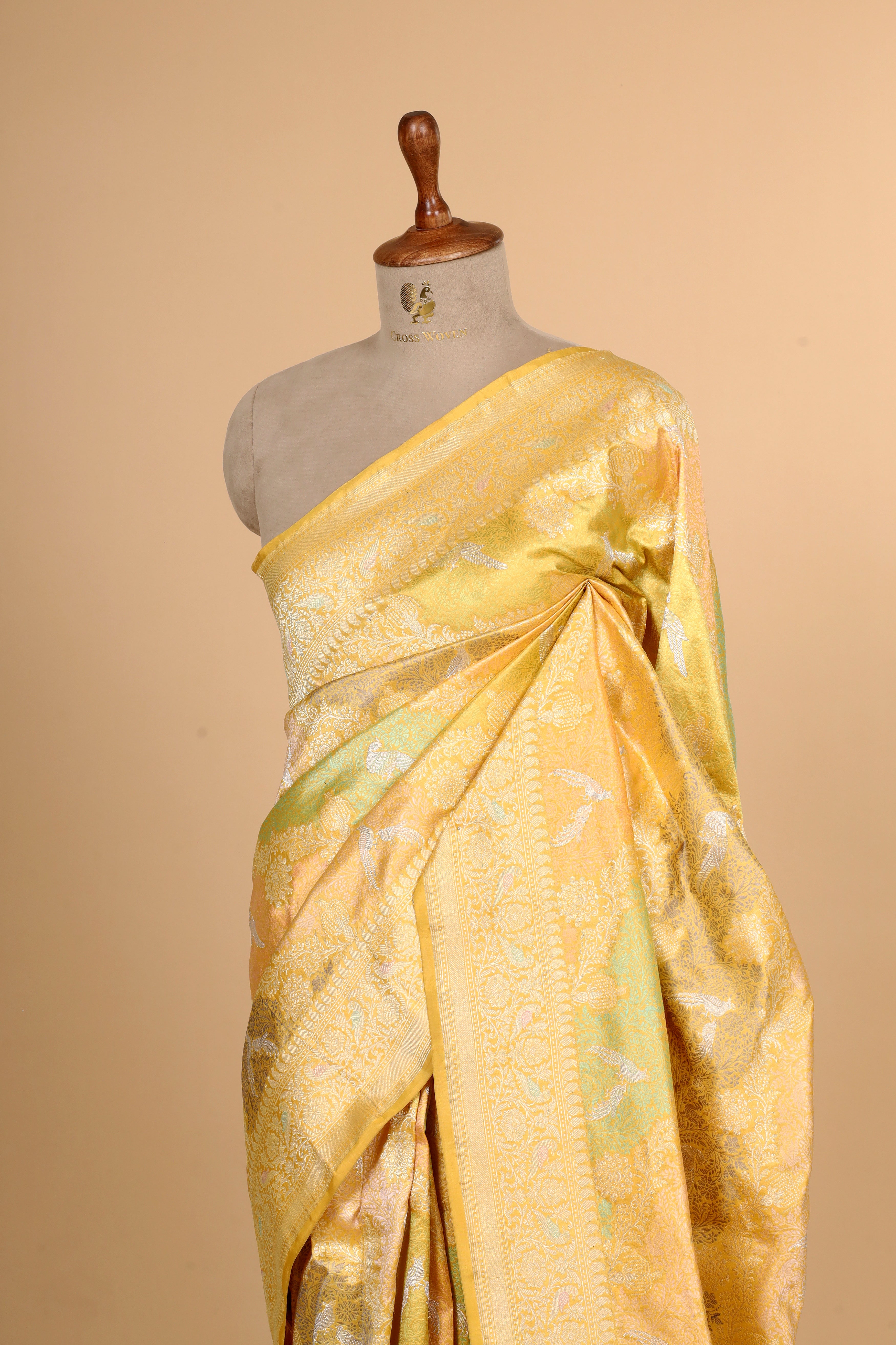 Yellow Shikarghah Handwoven Pure Banarasi Katan Silk Saree
