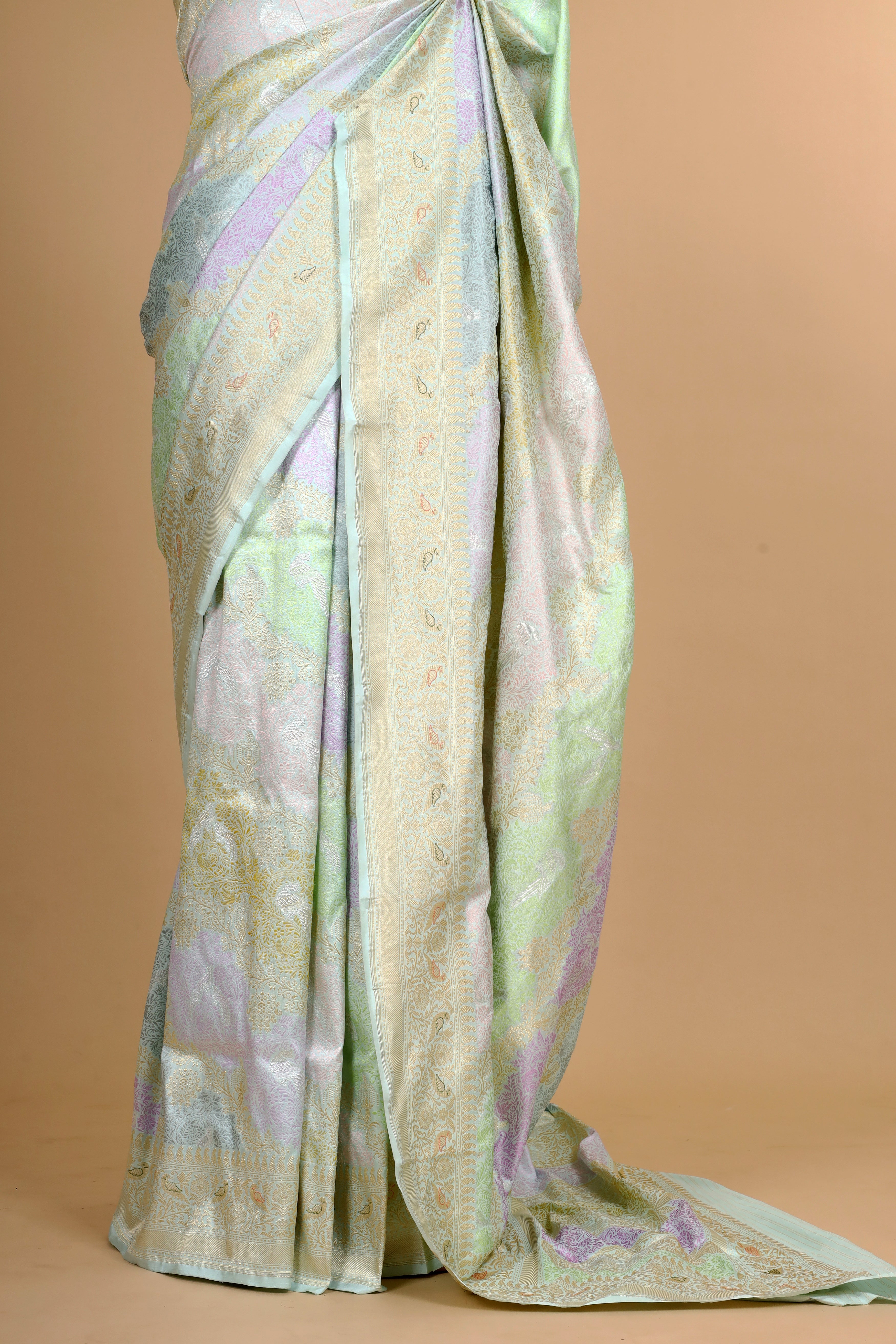 Light Blue Shikarghah Handwoven Pure Banarasi Katan Silk Saree
