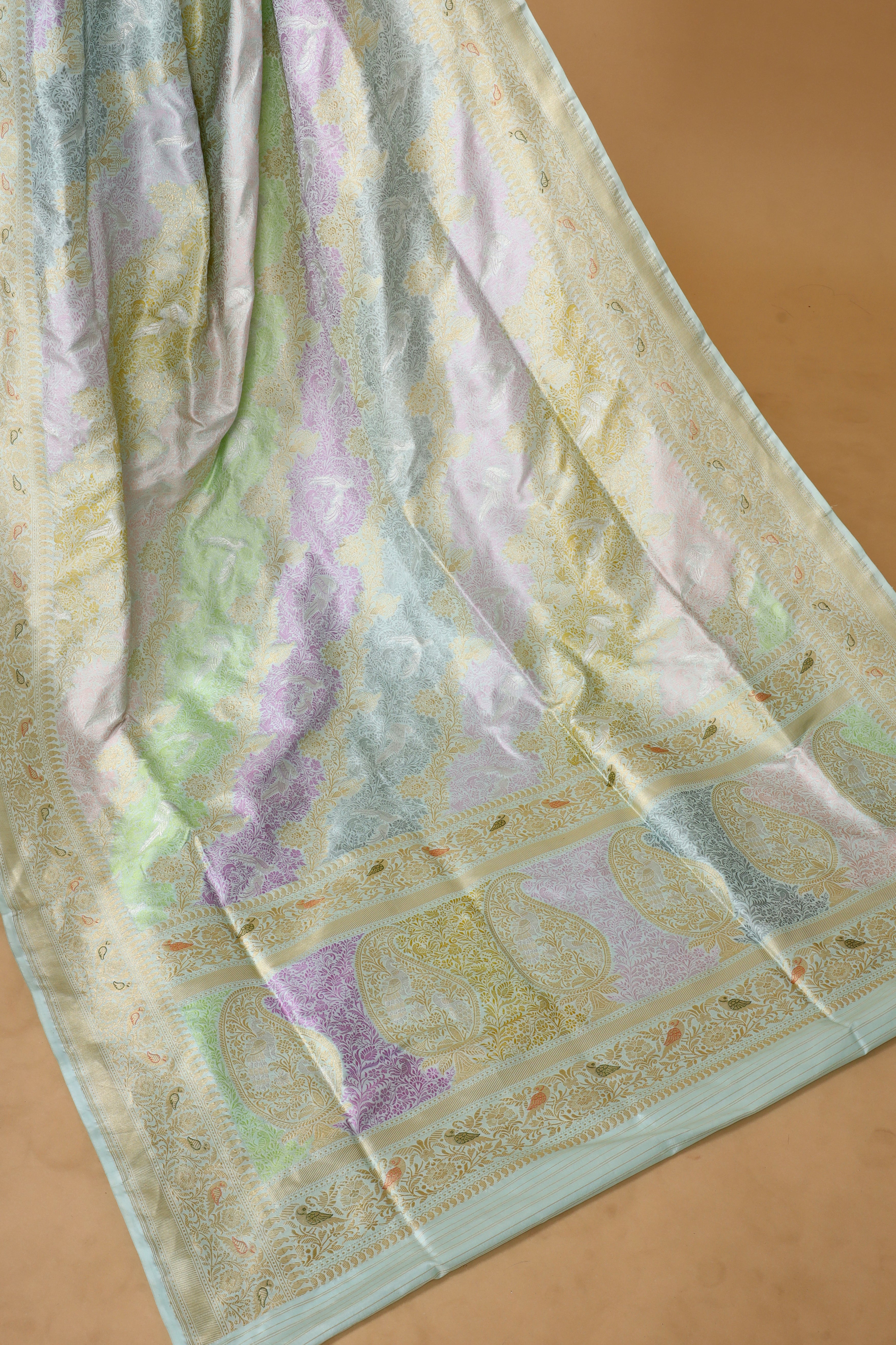 Light Blue Shikarghah Handwoven Pure Banarasi Katan Silk Saree