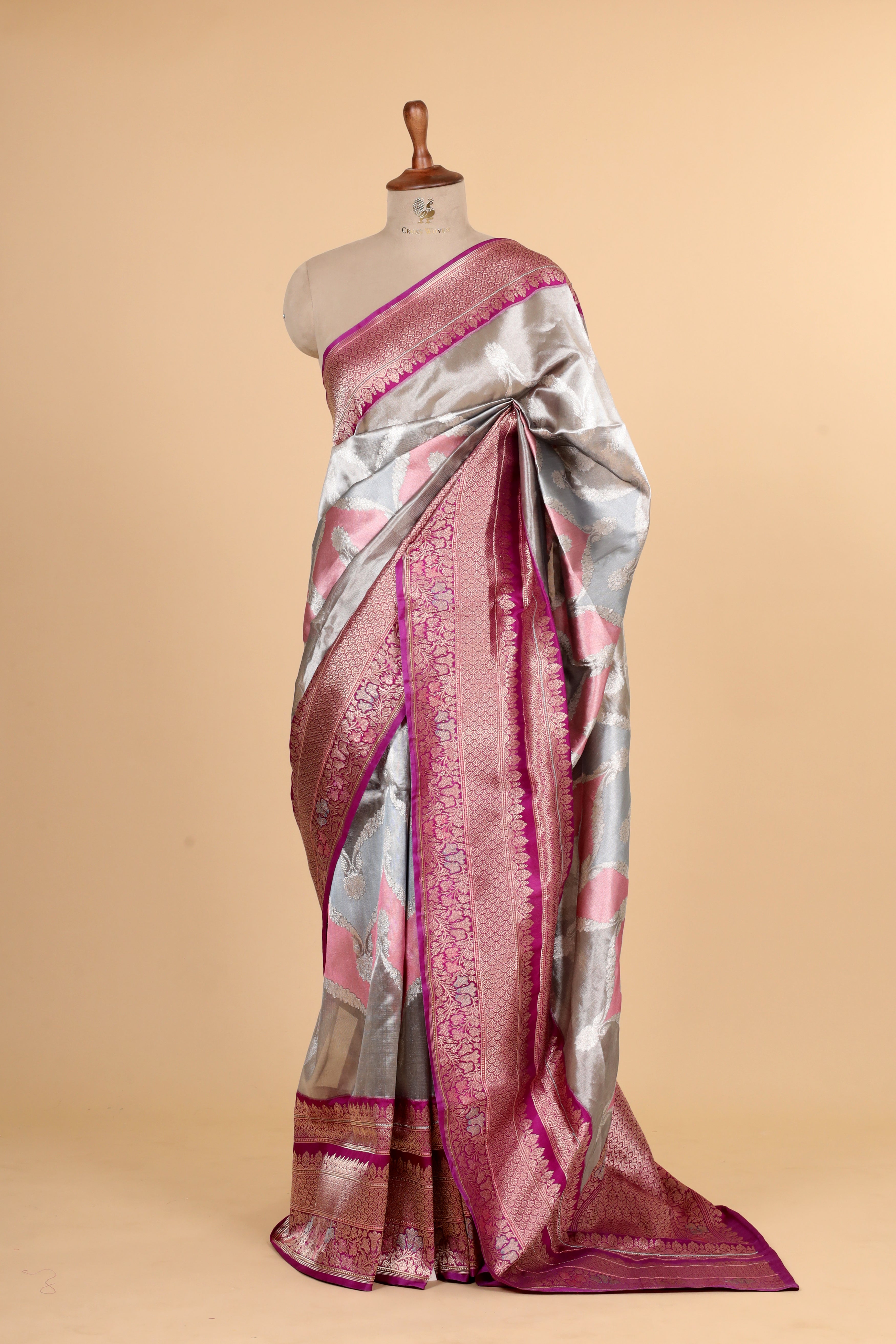 Silver Rangkaat Banarasi Handloom Tissue Silk Saree With Meenakari Katan Border