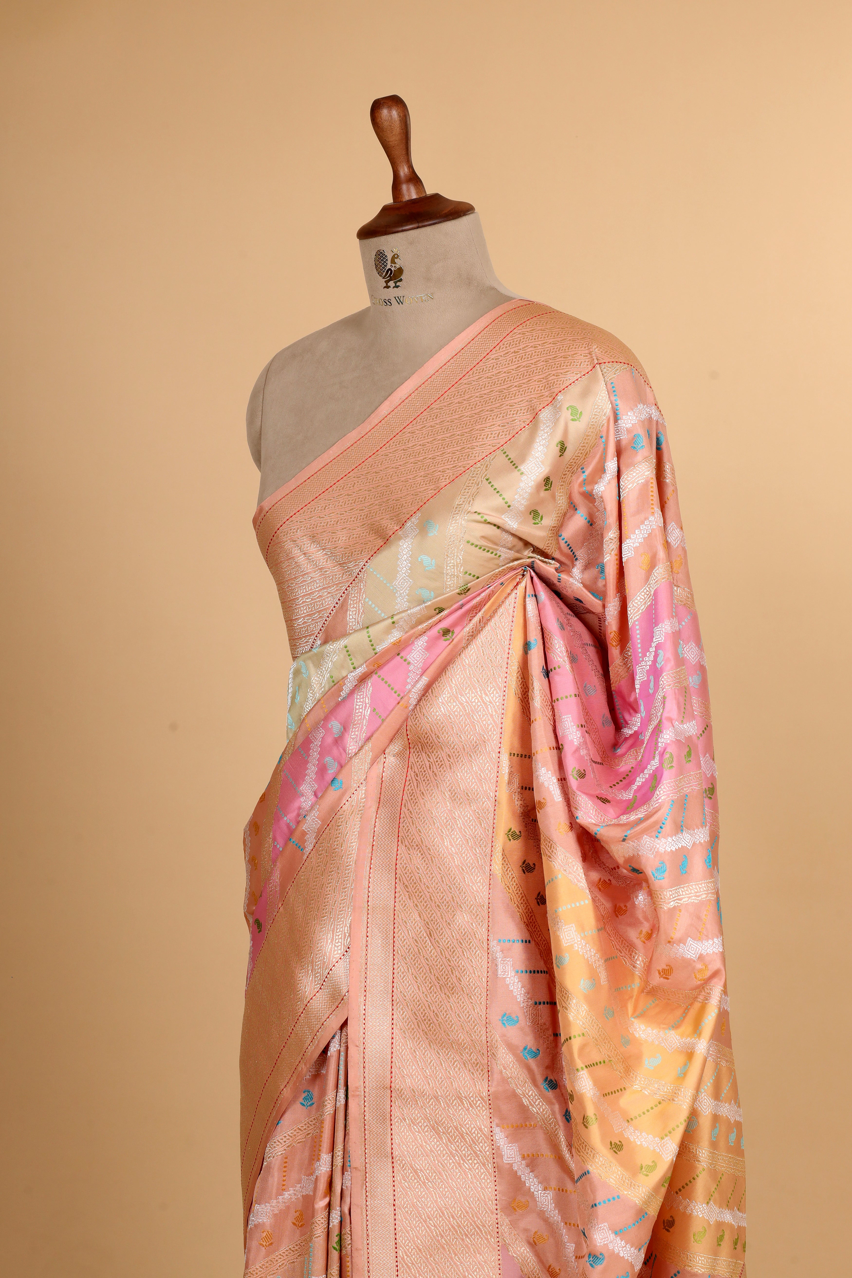 Peach Rangkaat Meenakari Banarasi Handloom Pure Katan Silk Saree