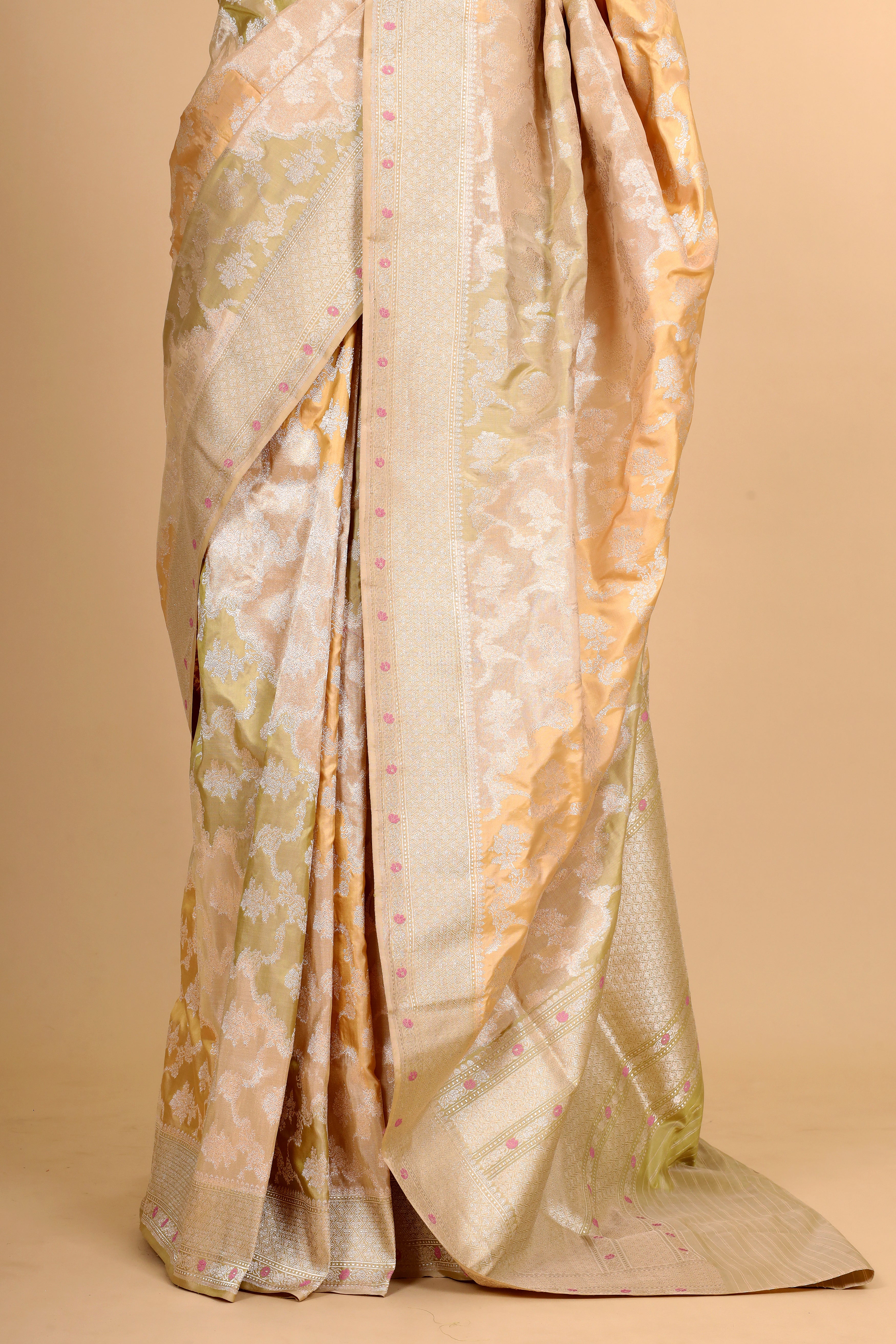 Champagne Gold Rangkaat Banarasi Handloom Tissue Silk Saree With Meenakari Katan Border
