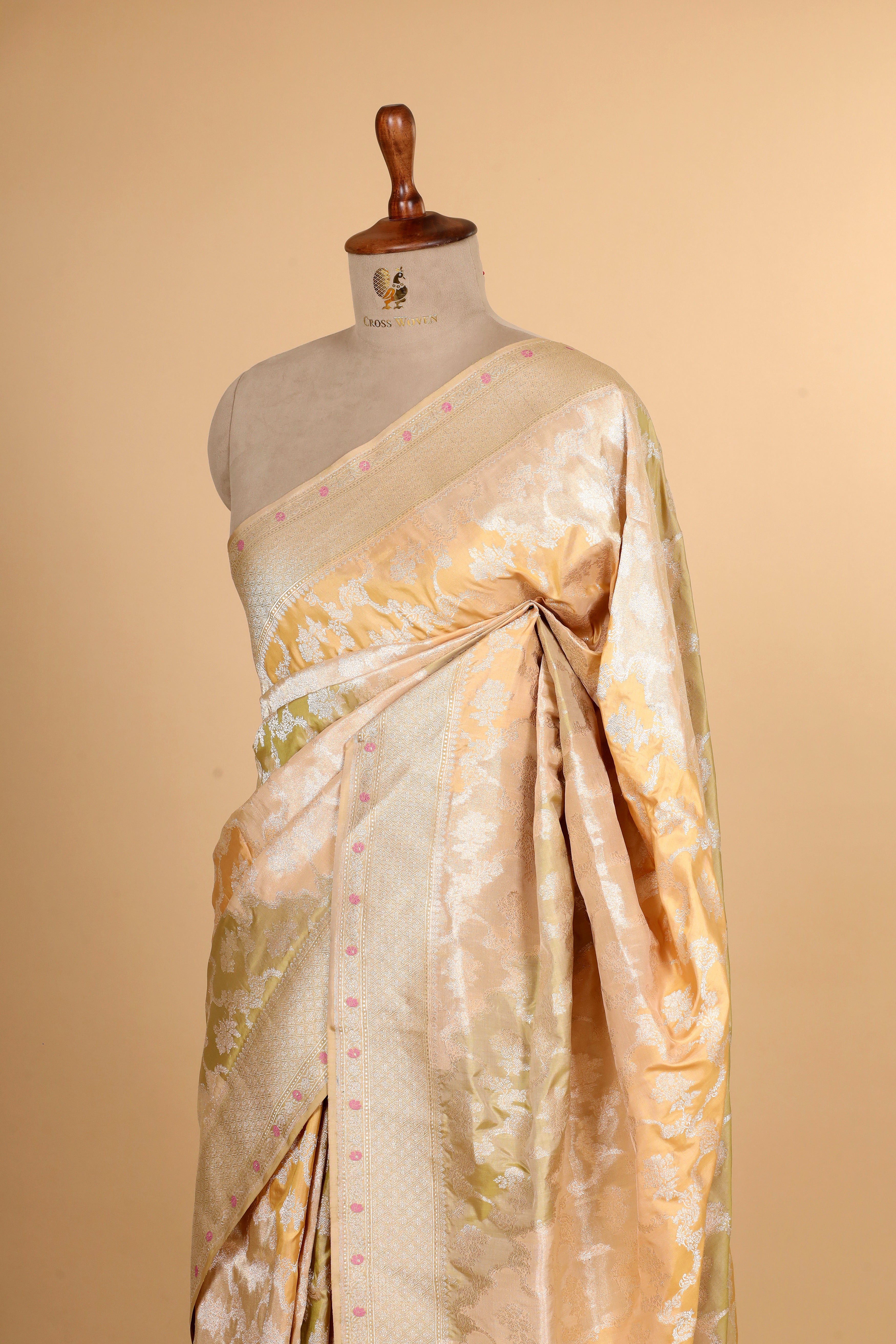 Champagne Gold Rangkaat Banarasi Handloom Tissue Silk Saree With Meenakari Katan Border