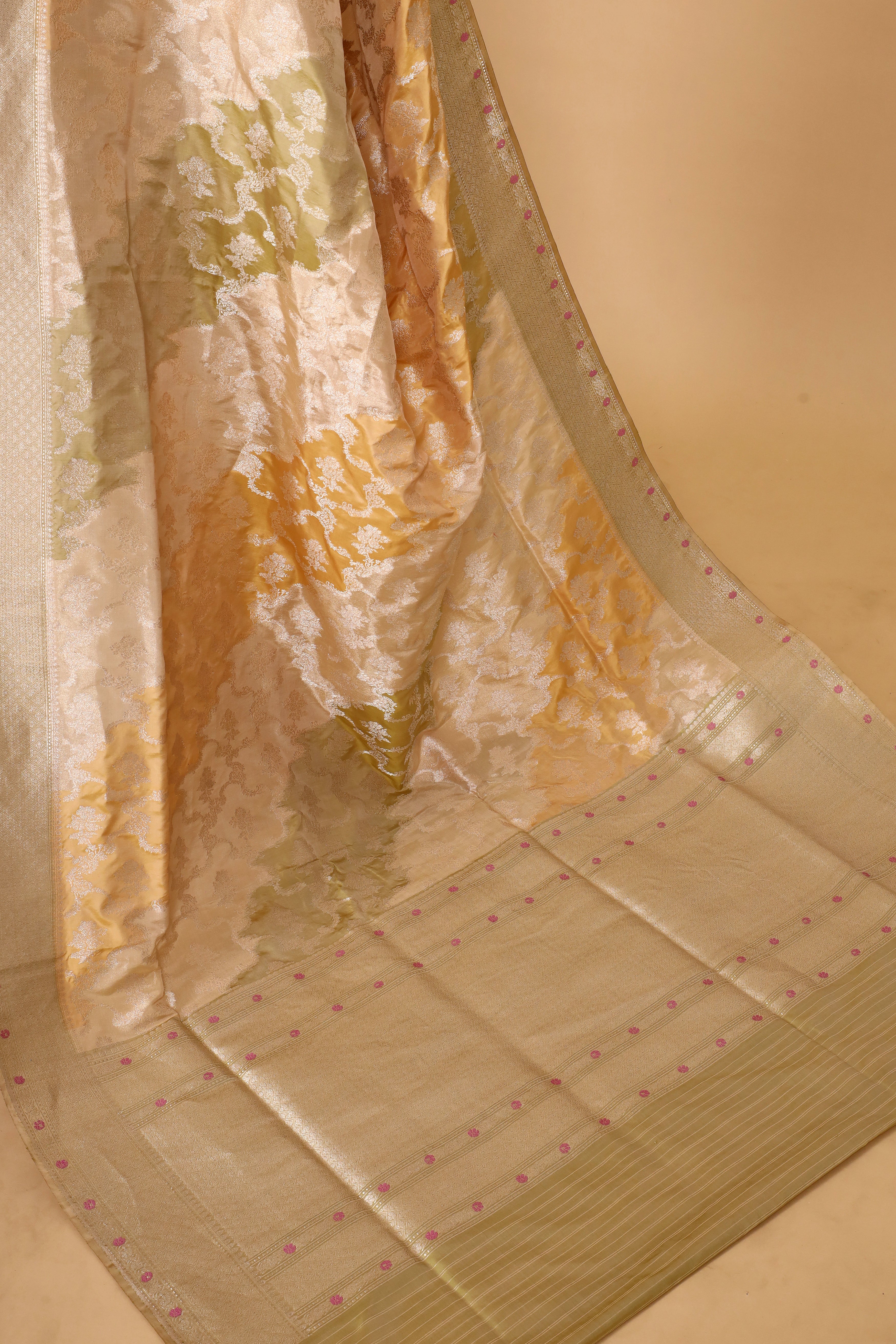 Champagne Gold Rangkaat Banarasi Handloom Tissue Silk Saree With Meenakari Katan Border