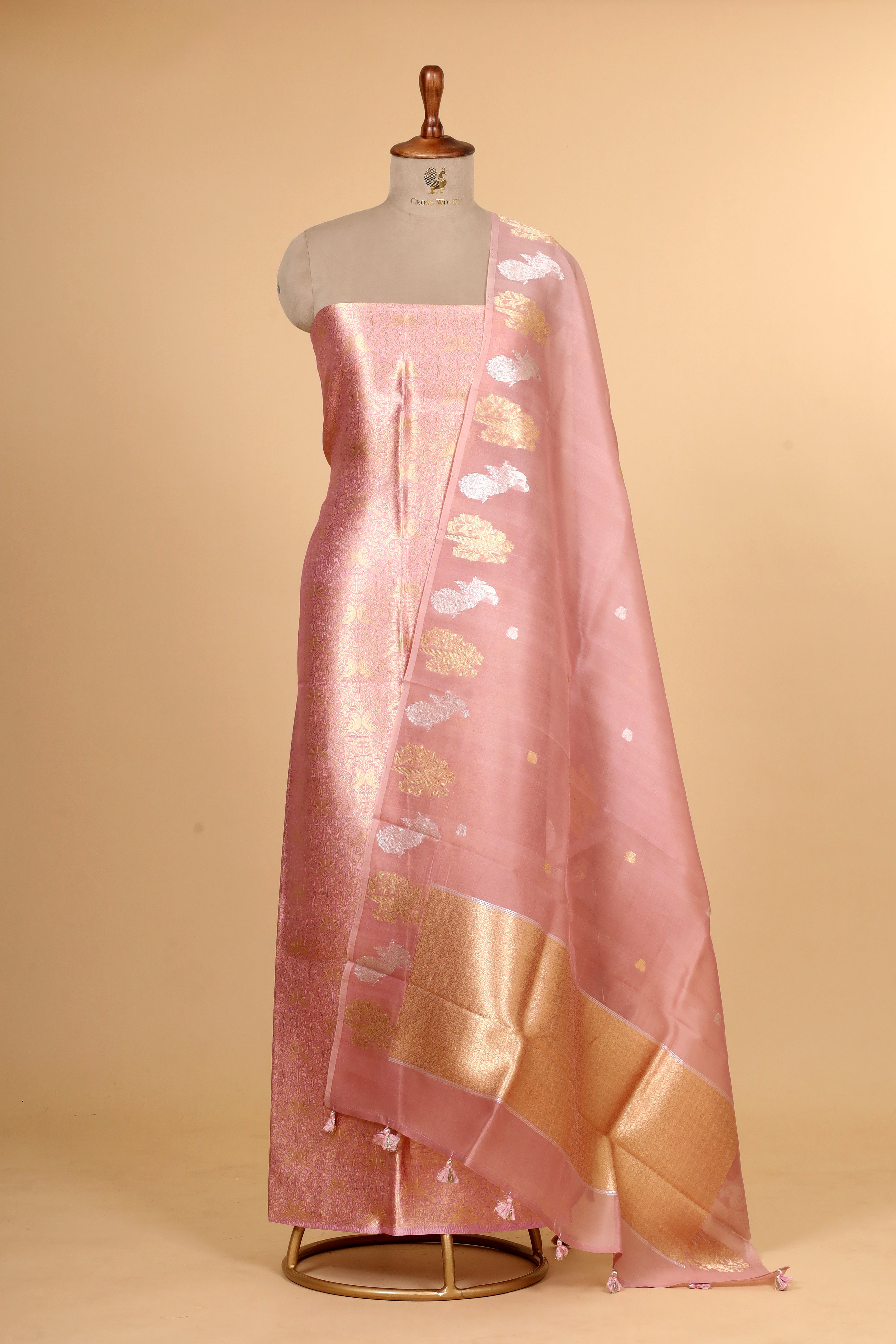 Pastel Pink Banarasi Soft Silk Suit Set With Organza Dupatta