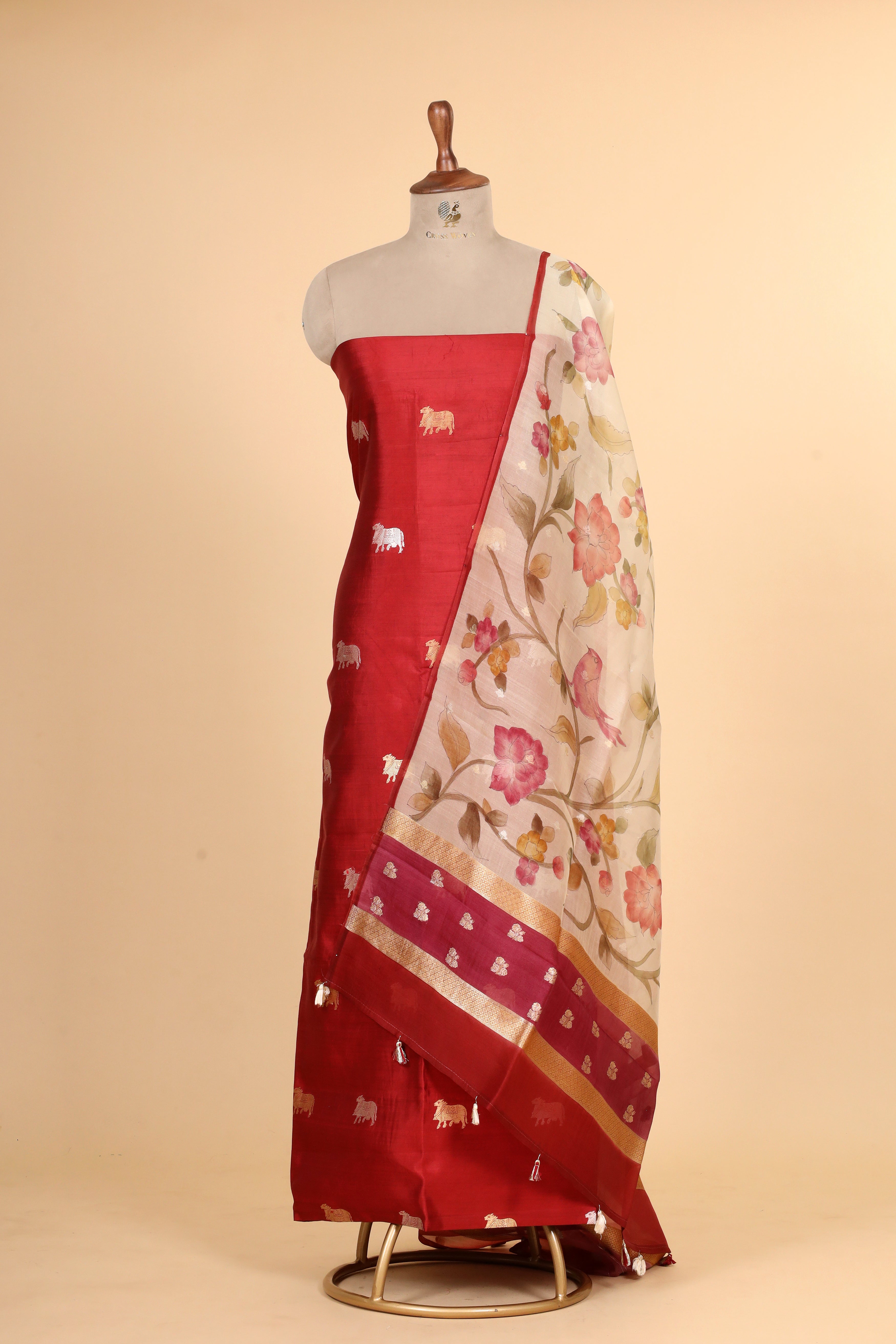 Deep Red Chiniya Silk Suit Set With Handbrush Organza Dupatta
