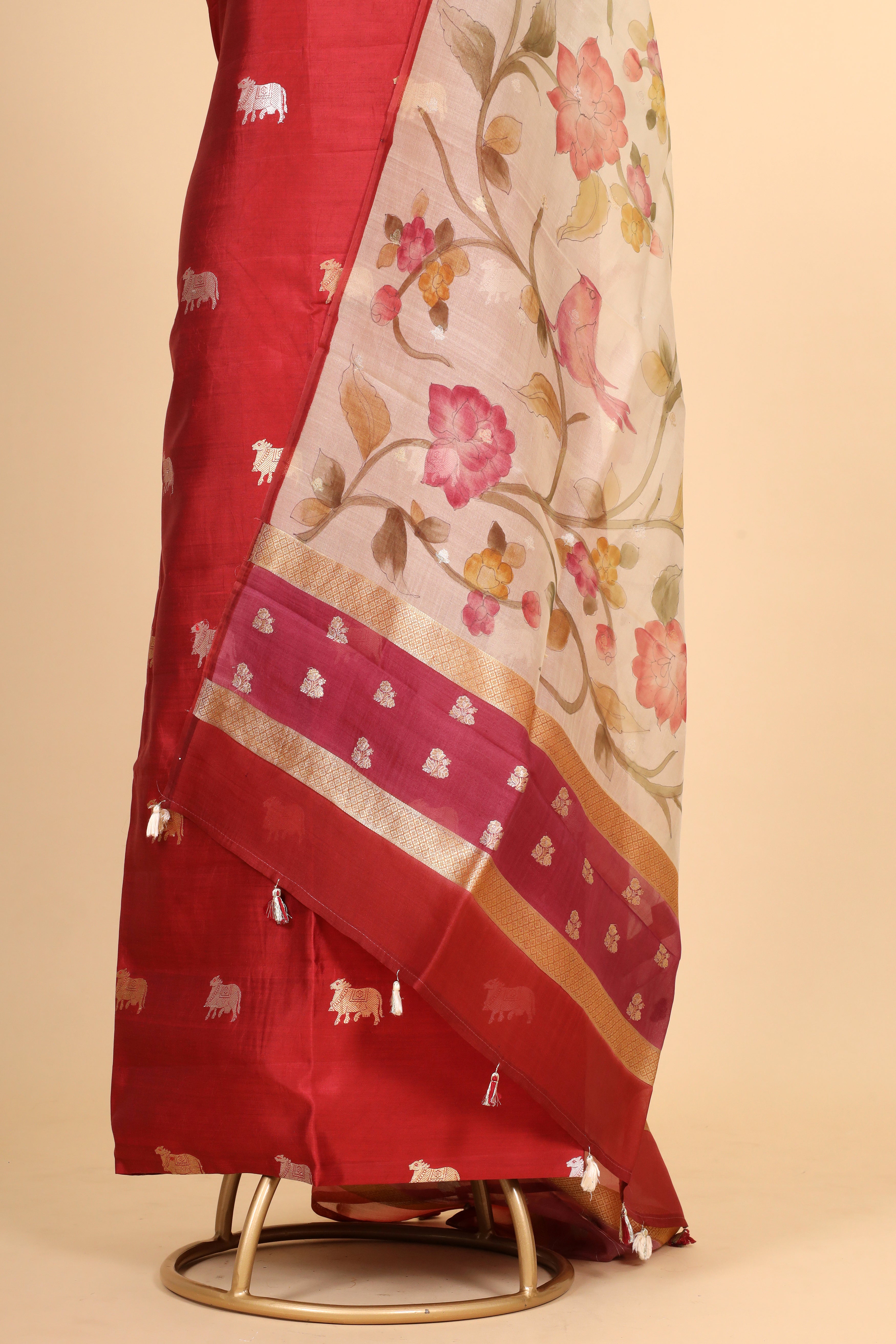 Deep Red Chiniya Silk Suit Set With Handbrush Organza Dupatta
