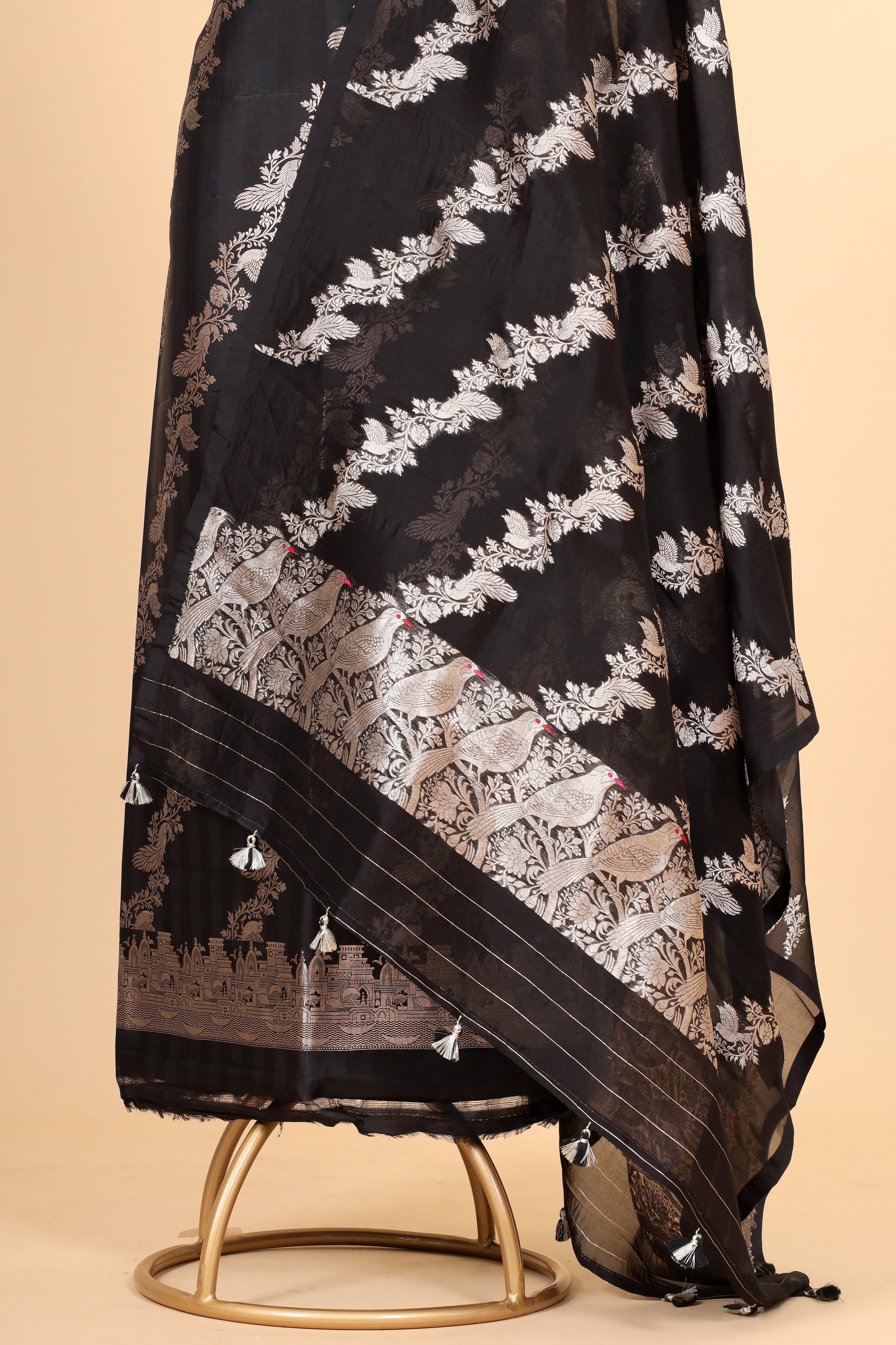 Black Banarasi Soft Silk Suit Set With Organza Dupatta