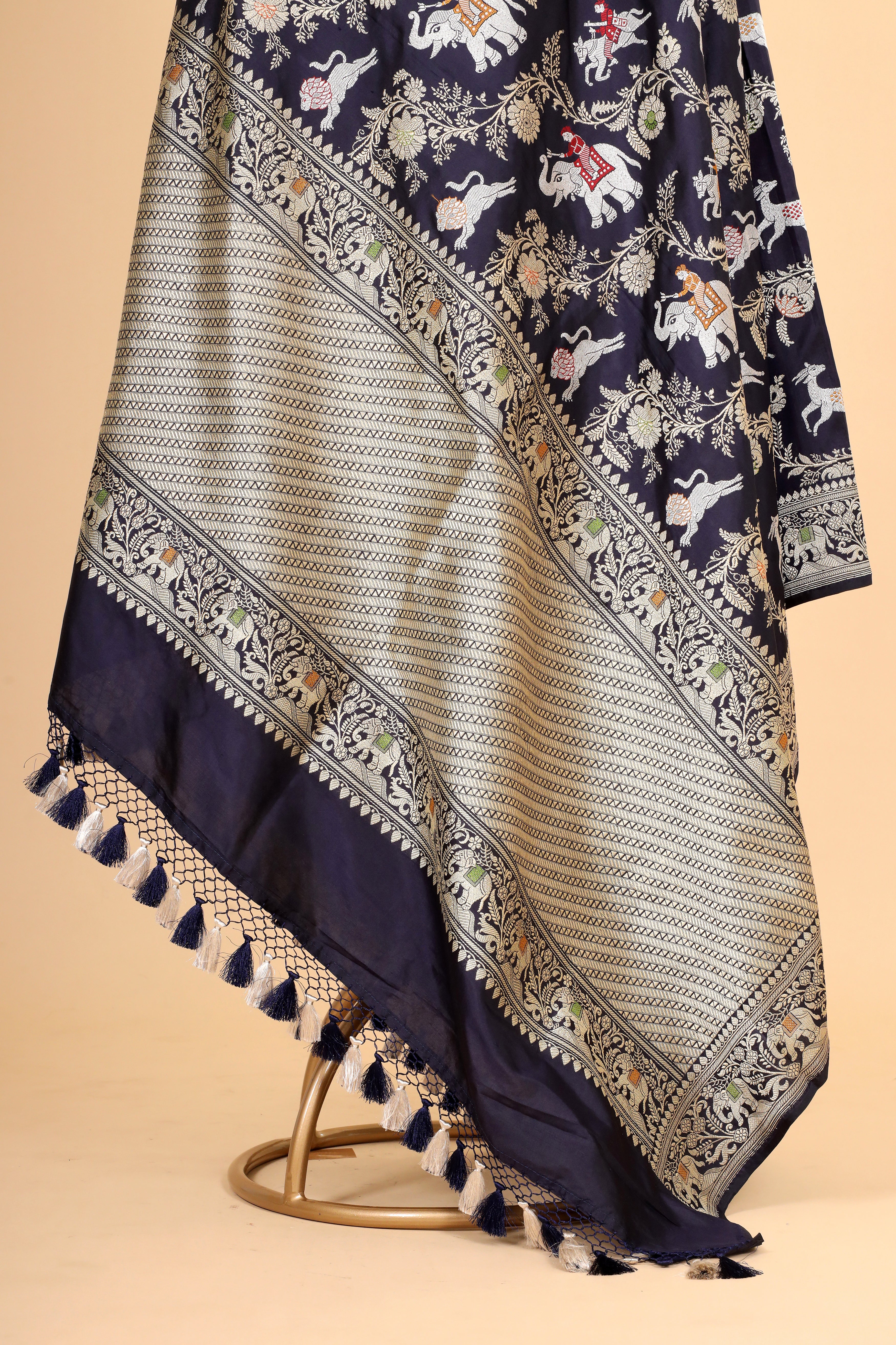 Midnight Blue Shikarghah Meenakari Pure Katan Silk Banarasi Handloom Dupatta