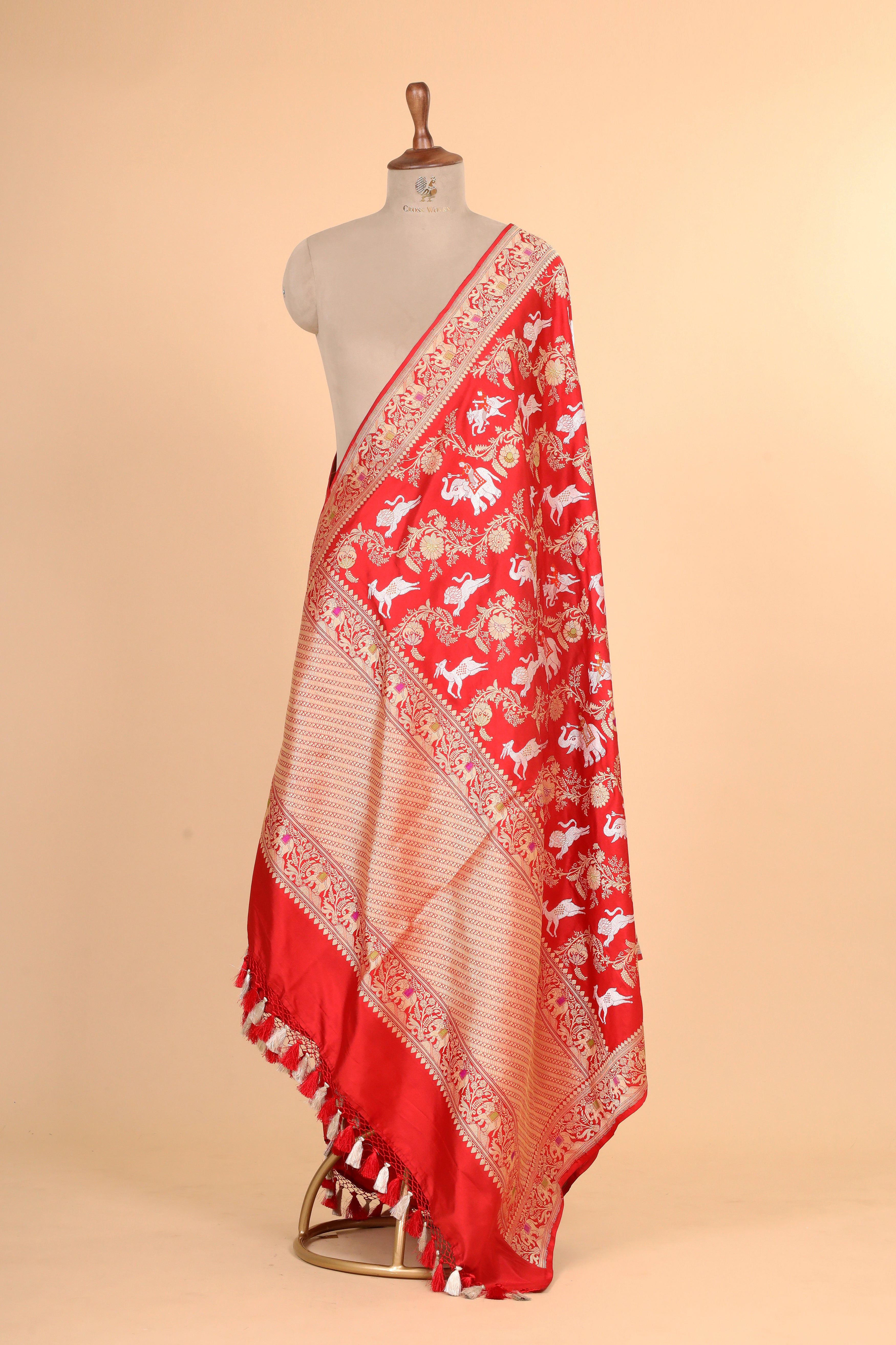 Red Shikarghah Meenakari Pure Katan Silk Banarasi Handloom Dupatta