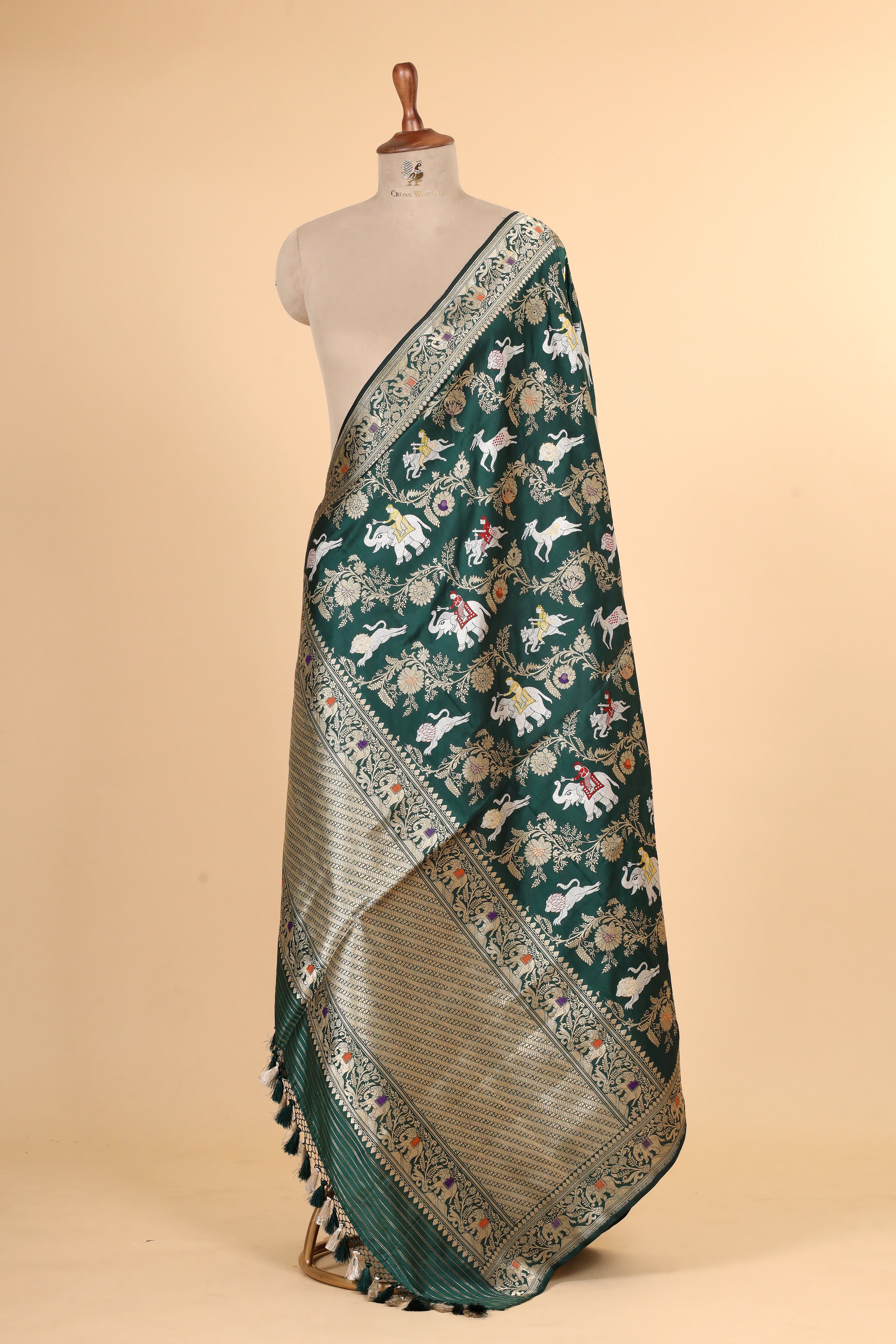 Bottle Green Shikarghah Meenakari Pure Katan Silk Banarasi Handloom Dupatta