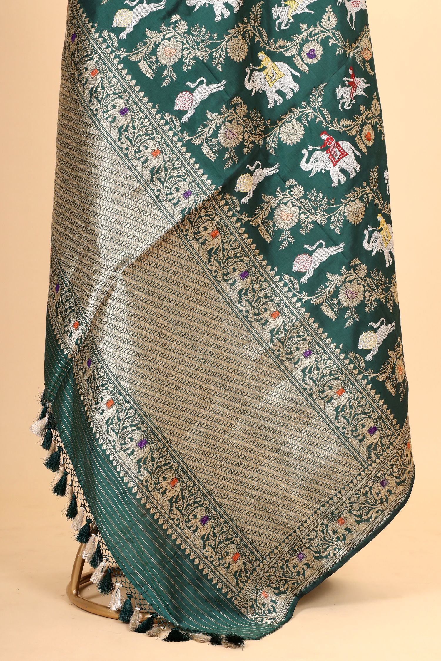 Bottle Green Shikarghah Meenakari Pure Katan Silk Banarasi Handloom Dupatta