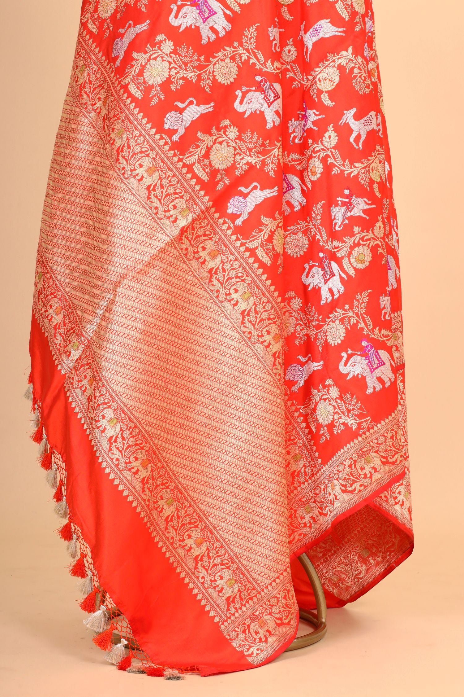 Orange Shikarghah Meenakari Pure Katan Silk Banarasi Handloom Dupatta