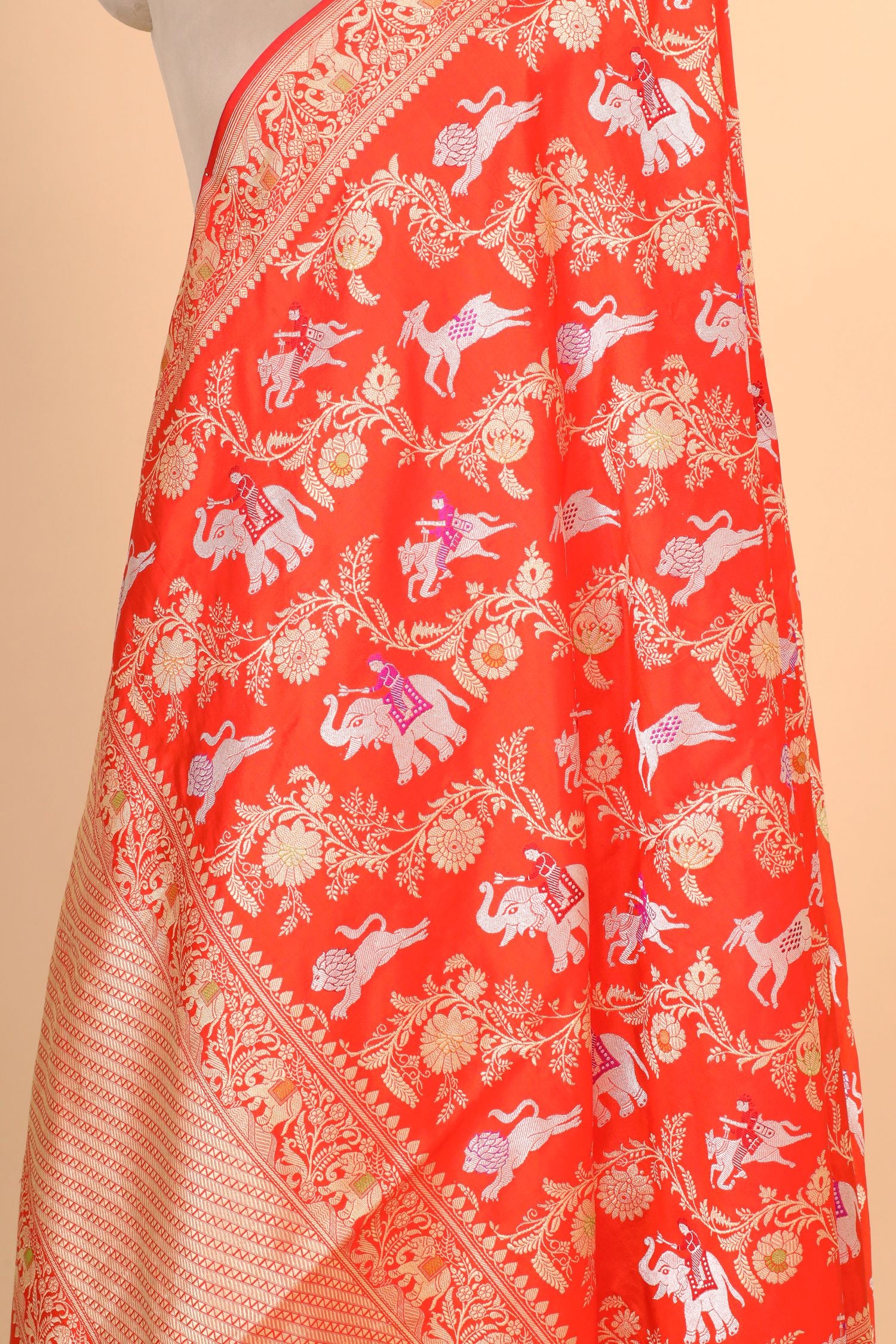 Orange Shikarghah Meenakari Pure Katan Silk Banarasi Handloom Dupatta