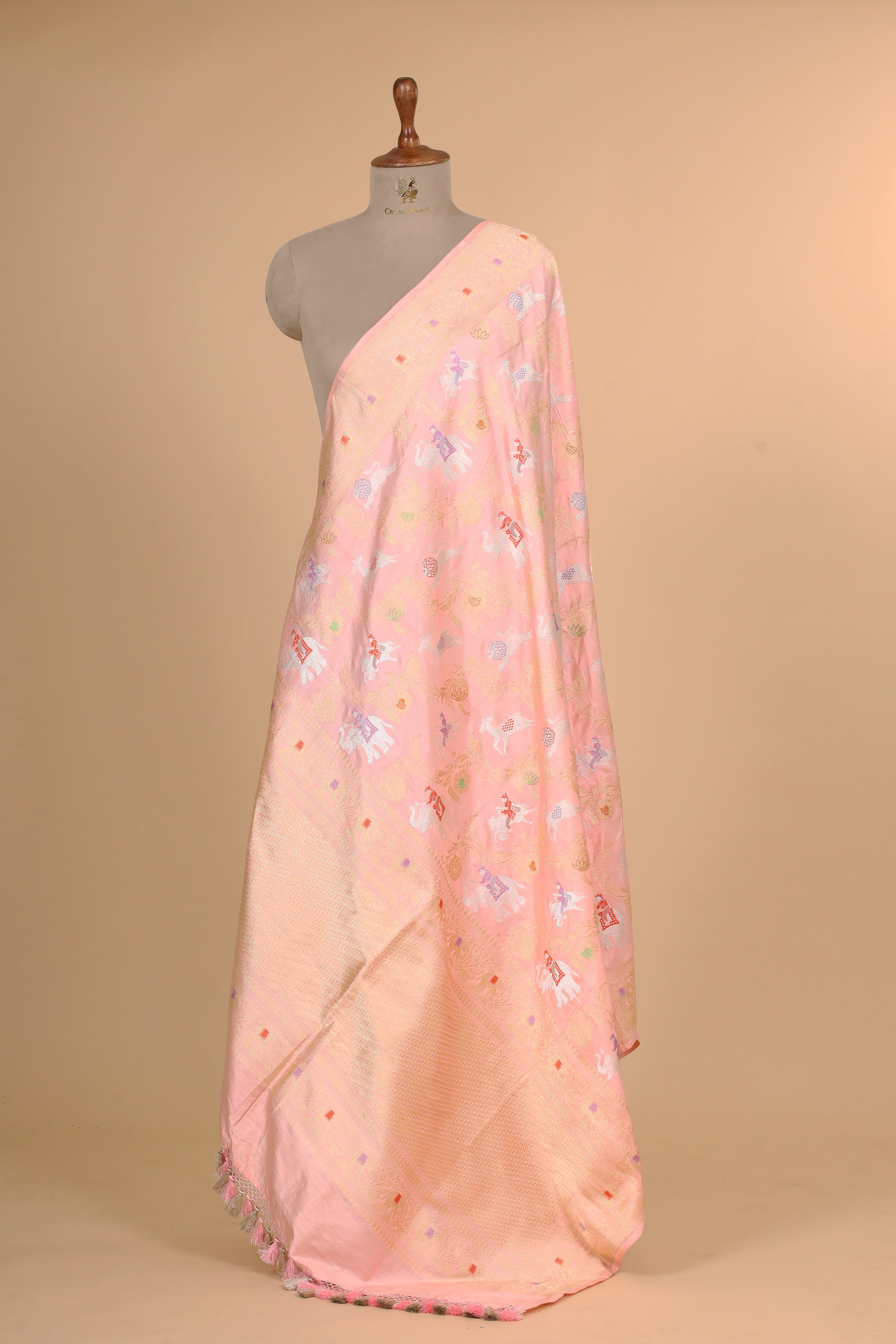 Baby Pink Shikarghah Meenakari Pure Katan Silk Banarasi Handloom Dupatta