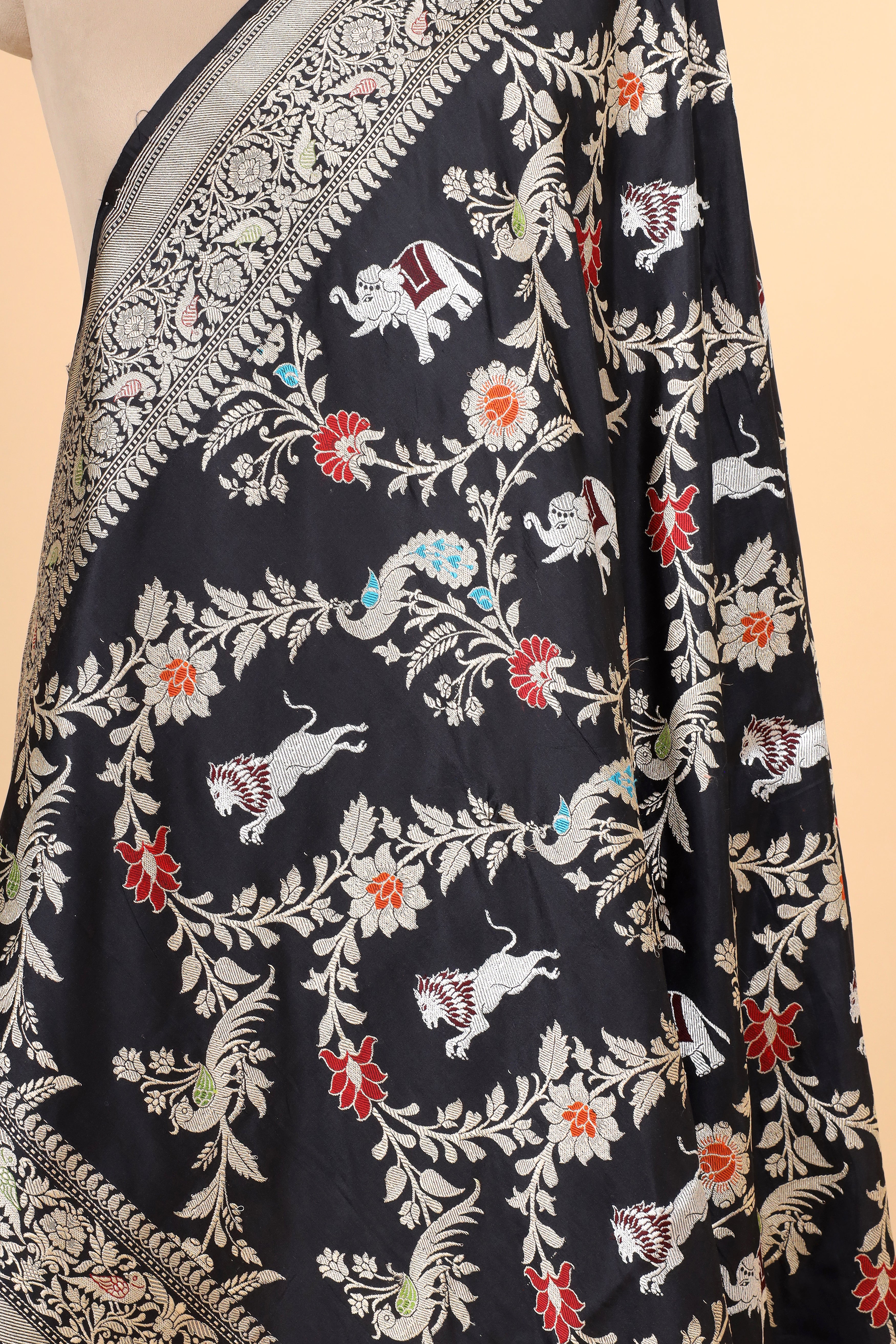 Black Shikarghah Meenakari Pure Katan Silk Banarasi Handloom Dupatta