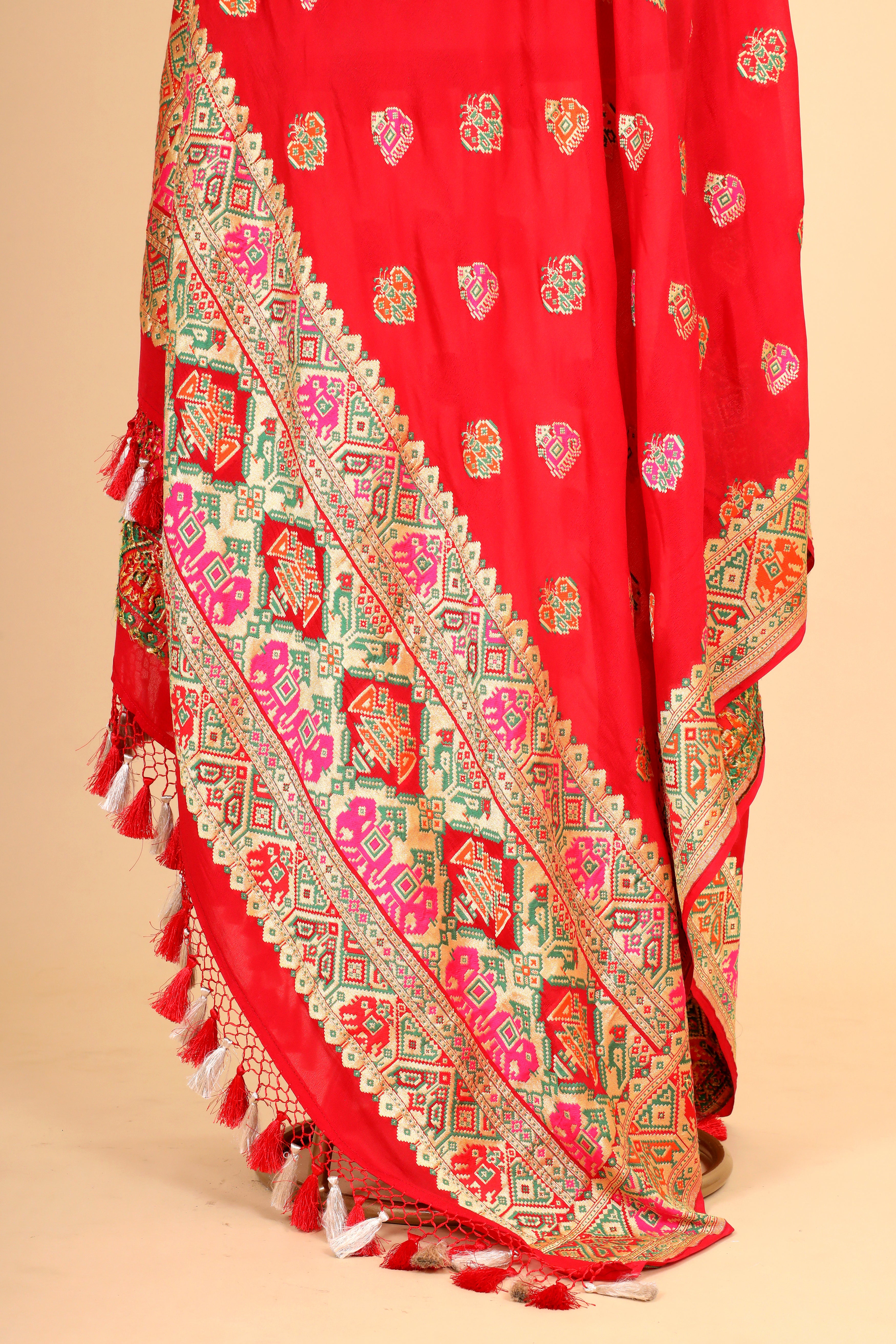 Red Shikarghah Meenakari Georgette Khaddi Banarasi Handloom Dupatta