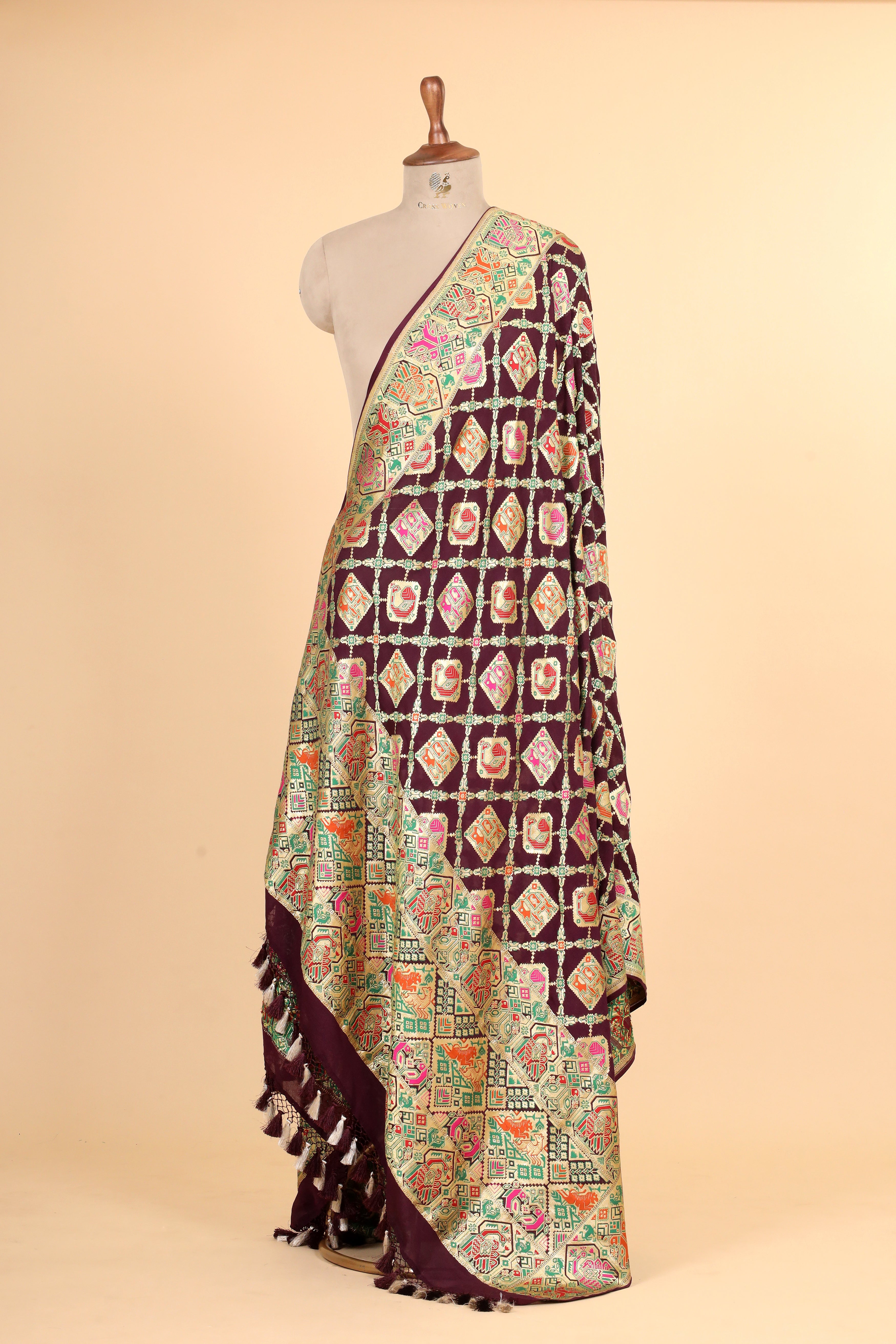 Deep Wine Shikarghah Meenakari Georgette Khaddi Banarasi Handloom Dupatta