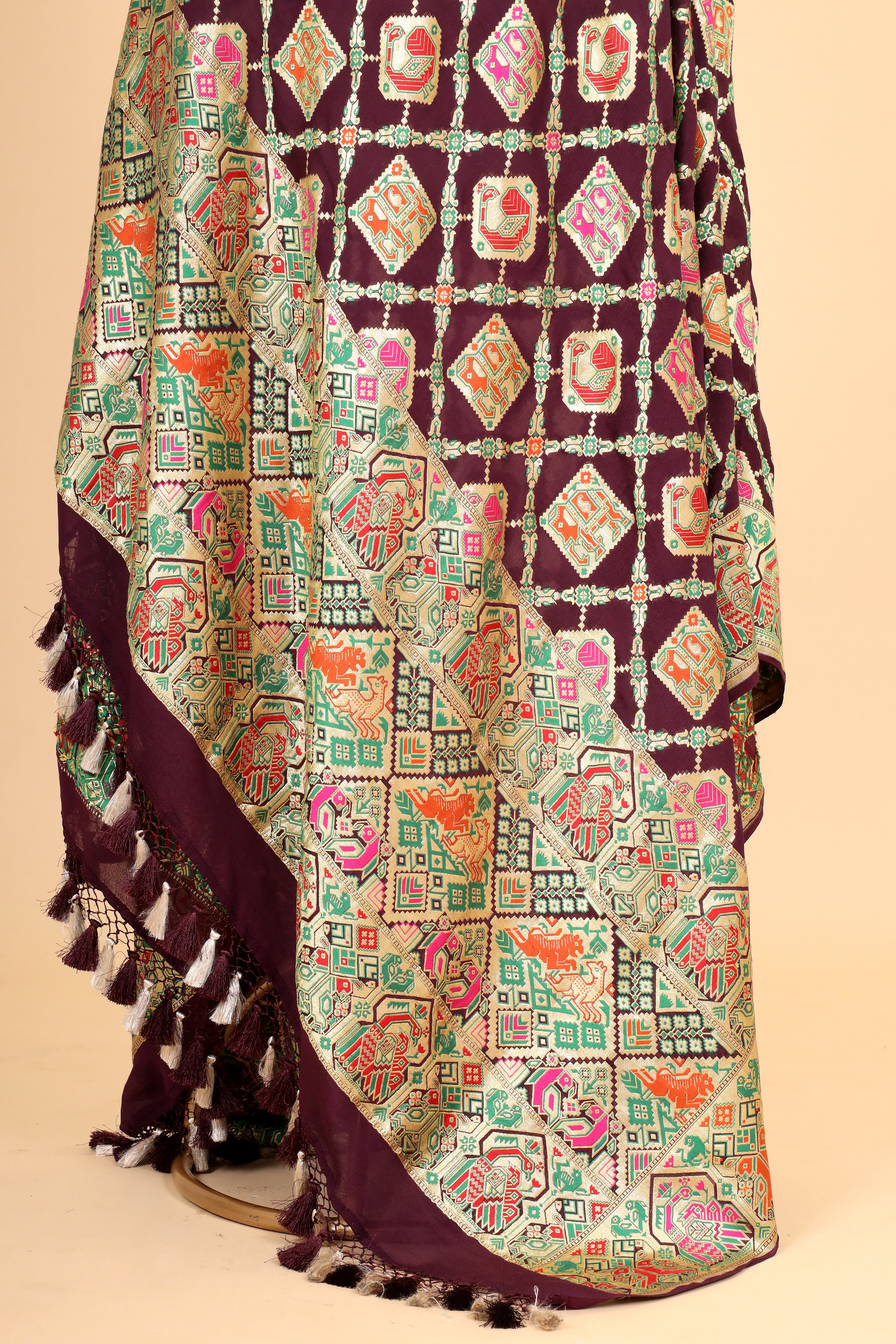 Deep Wine Shikarghah Meenakari Georgette Khaddi Banarasi Handloom Dupatta