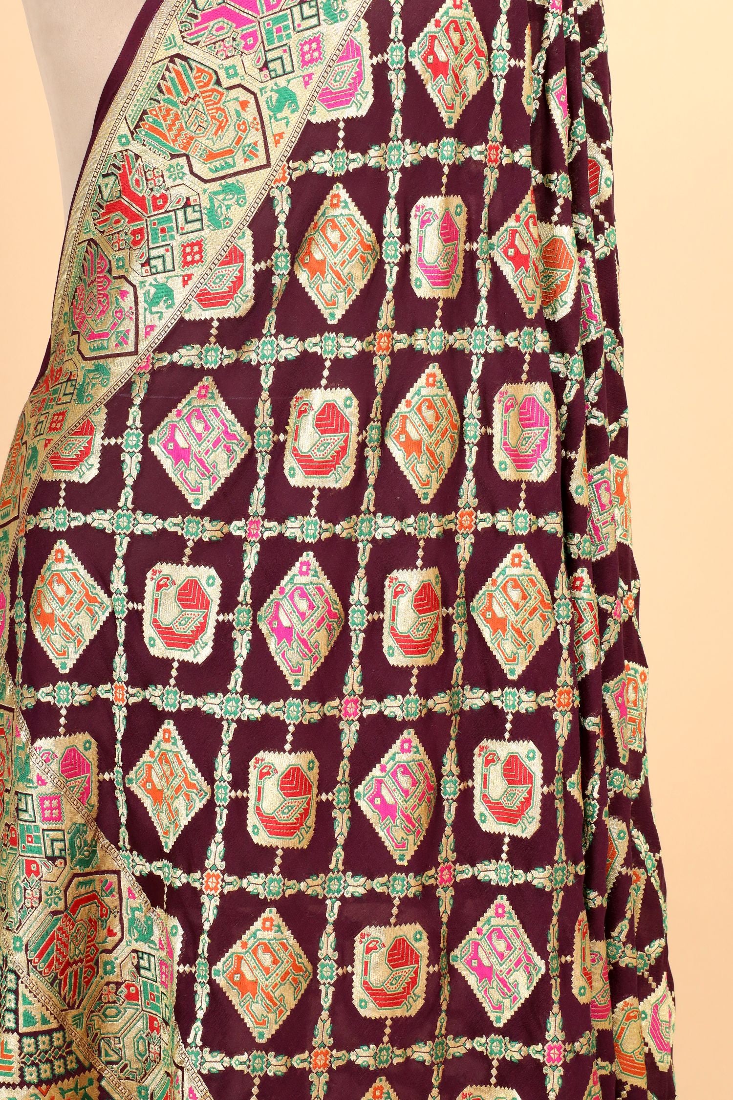 Deep Wine Shikarghah Meenakari Georgette Khaddi Banarasi Handloom Dupatta