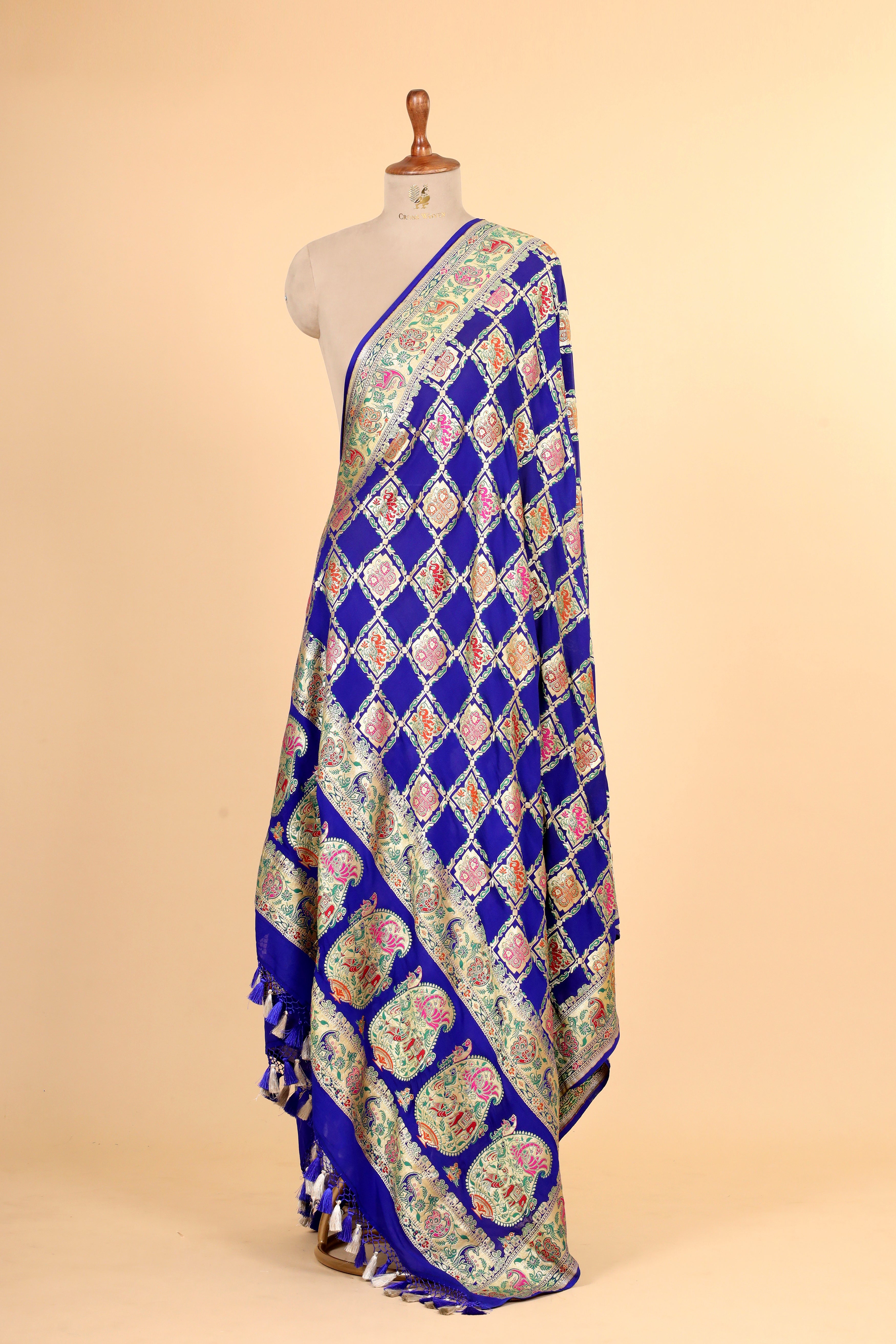 Blue Shikarghah Meenakari Georgette Khaddi Banarasi Handloom Dupatta