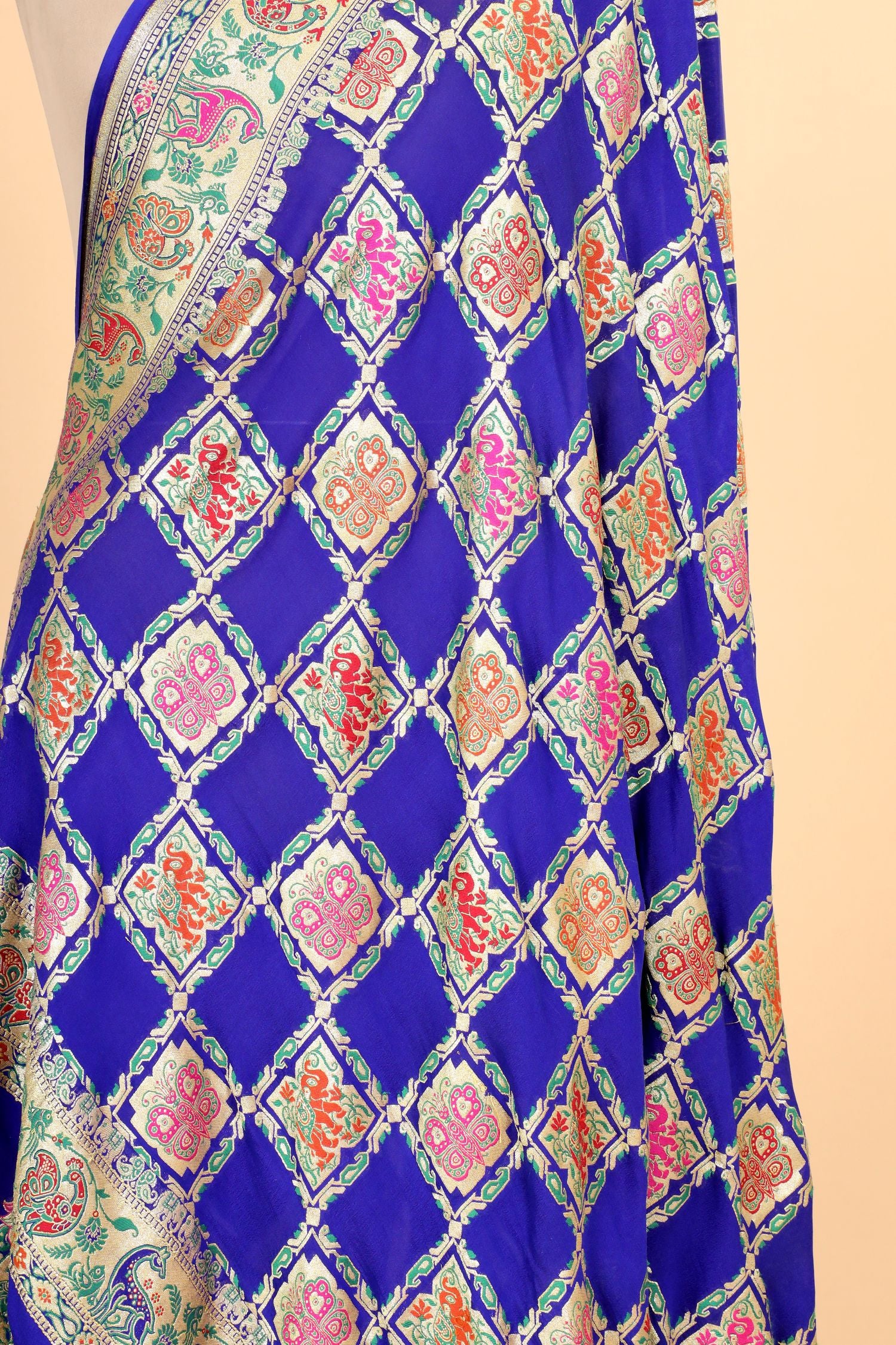 Blue Shikarghah Meenakari Georgette Khaddi Banarasi Handloom Dupatta