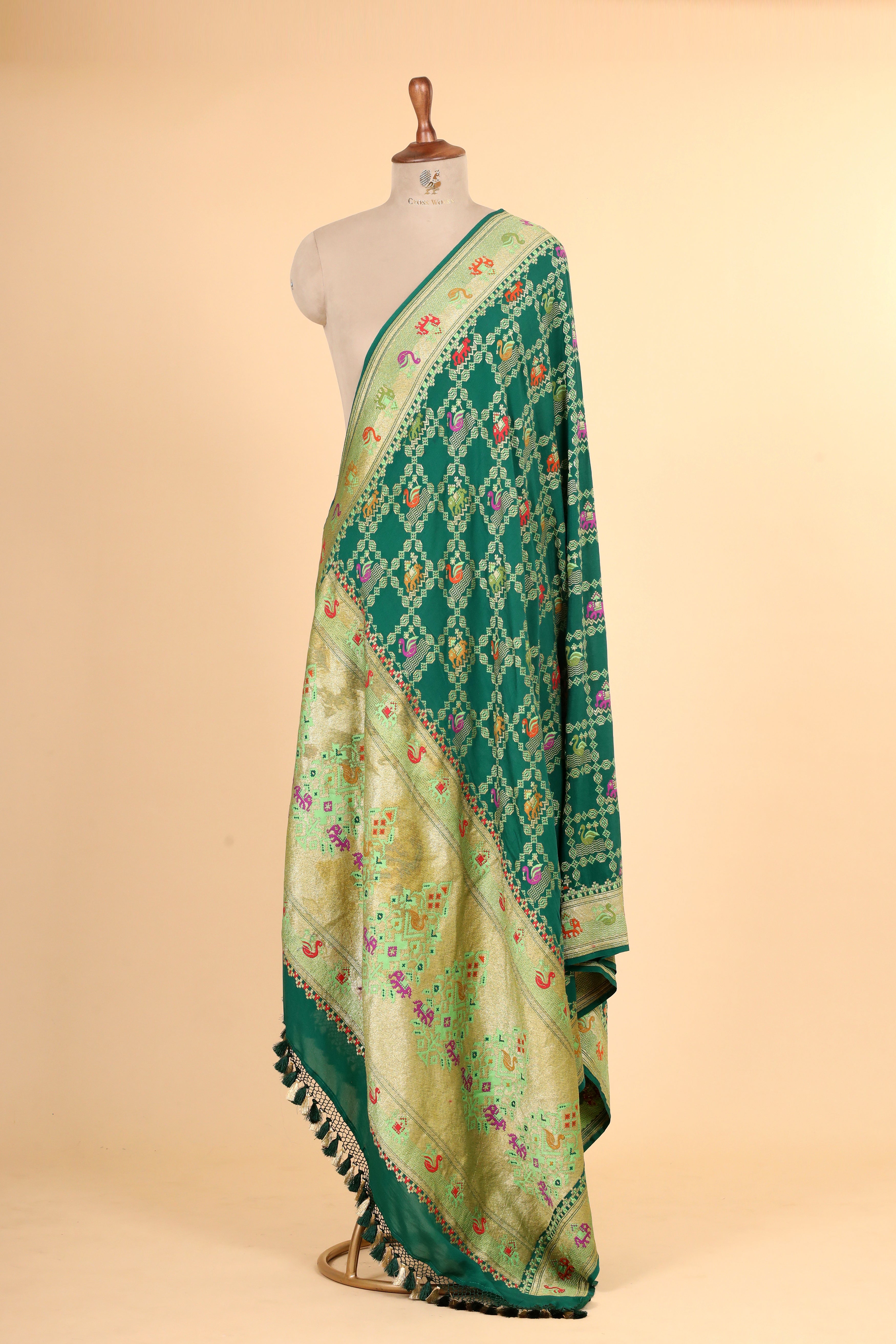 Emerald Green Shikarghah Meenakari Georgette Khaddi Banarasi Handloom Dupatta