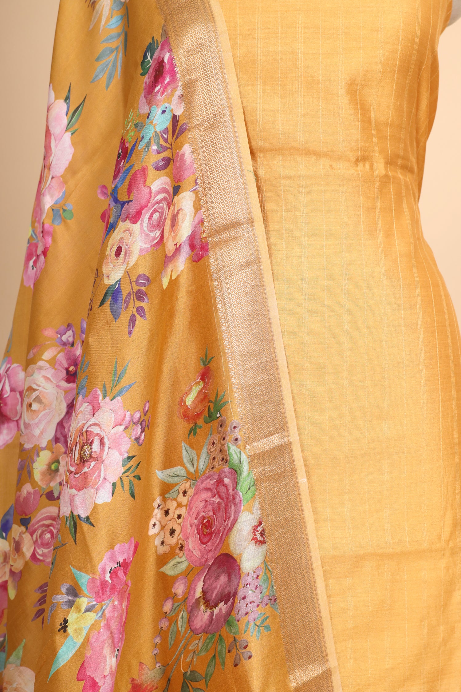 Marigold Yellow Chiniya Silk Suit Set With Printed Chiniya Dupatta
