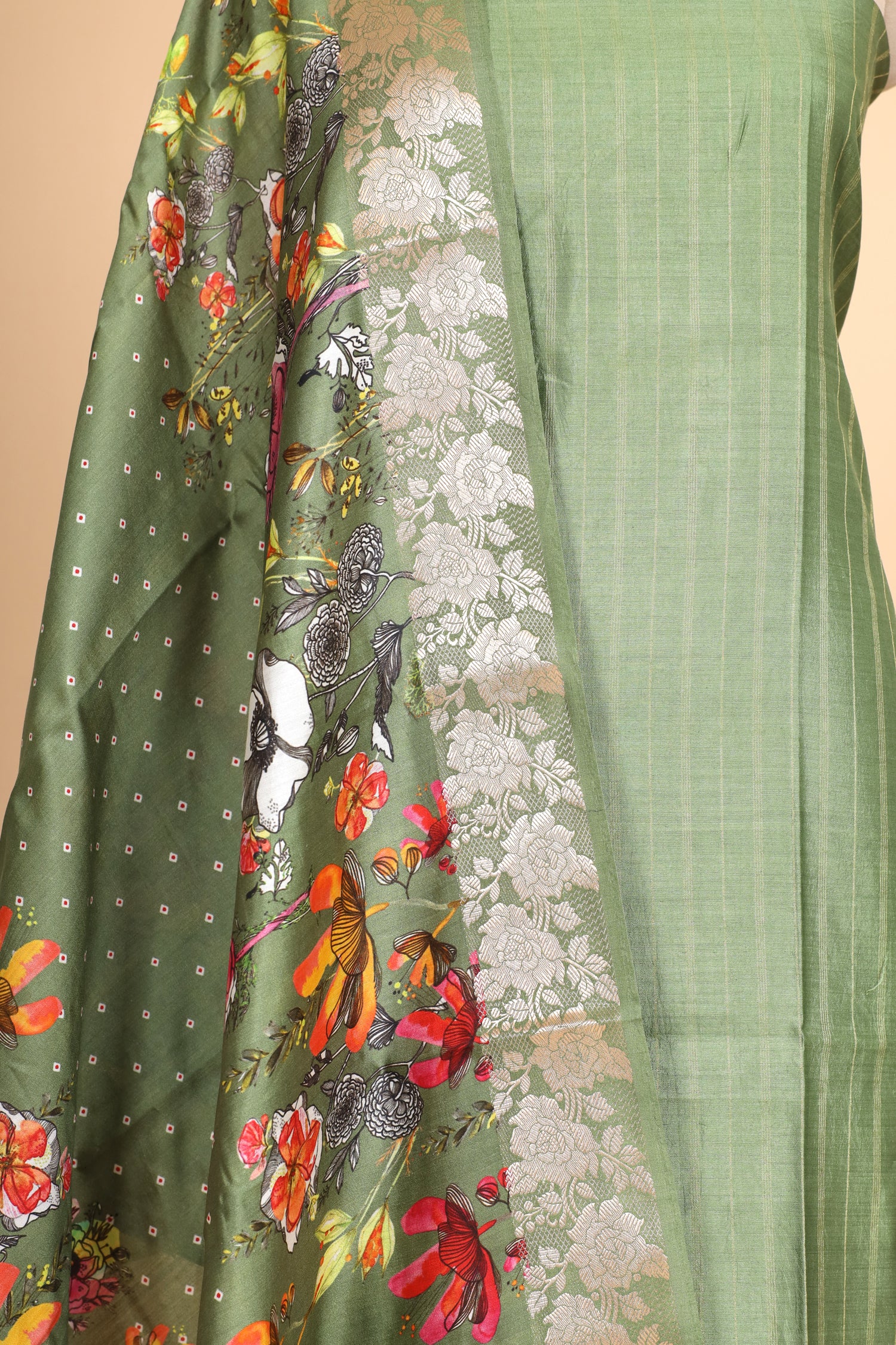 Sage Green Chiniya Silk Suit Set With Printed Chiniya Dupatta