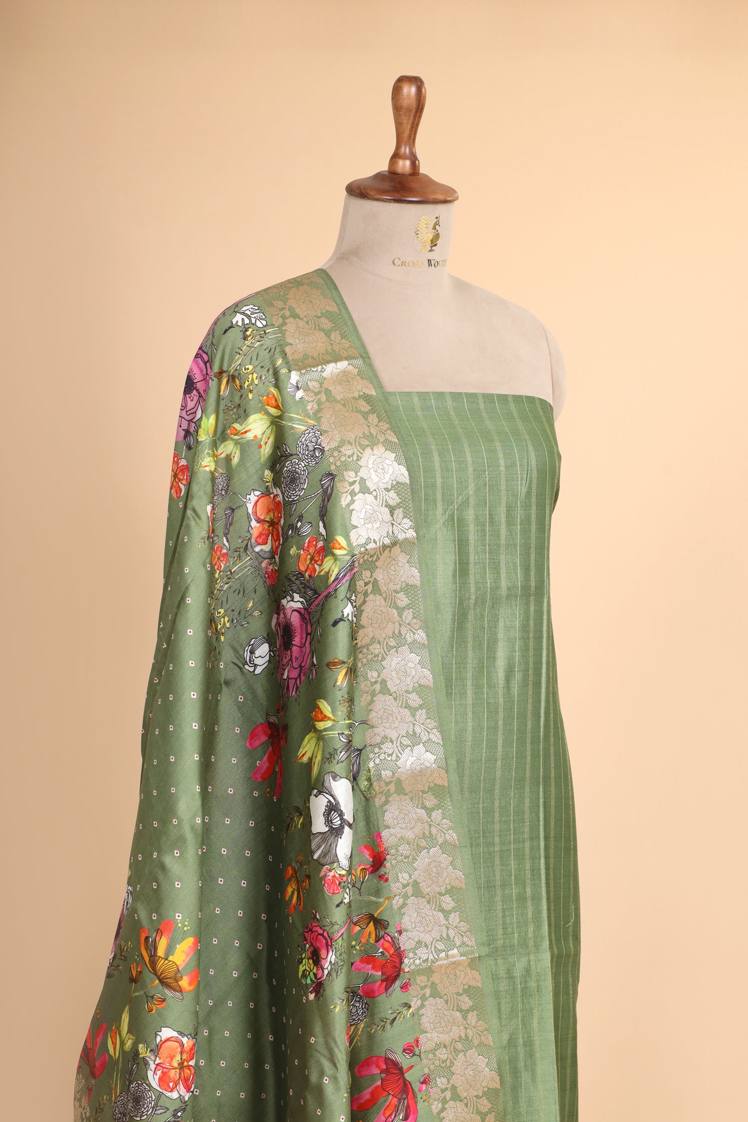 Sage Green Chiniya Silk Suit Set With Printed Chiniya Dupatta
